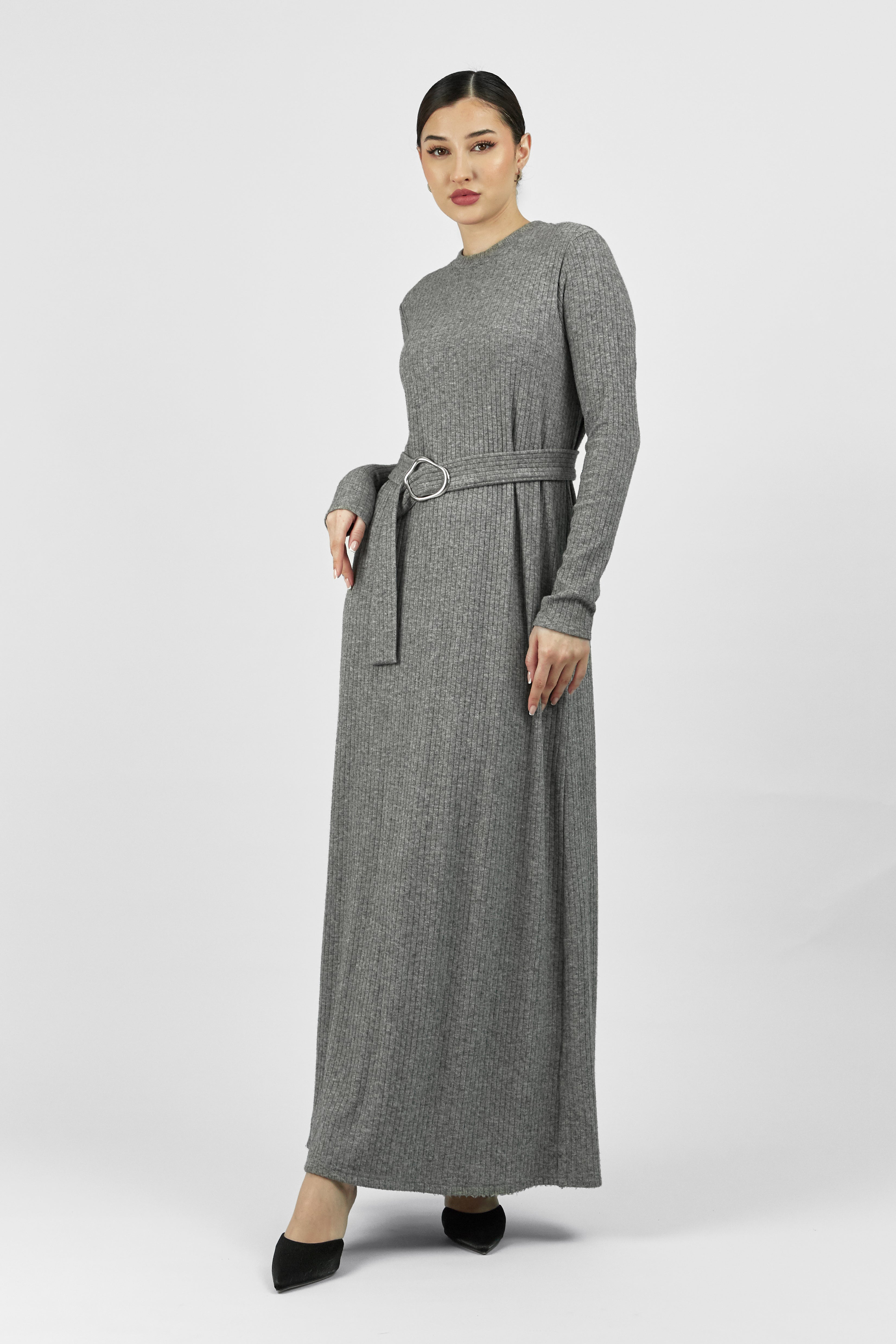 US - Belted Knit Dress - Heather Grey