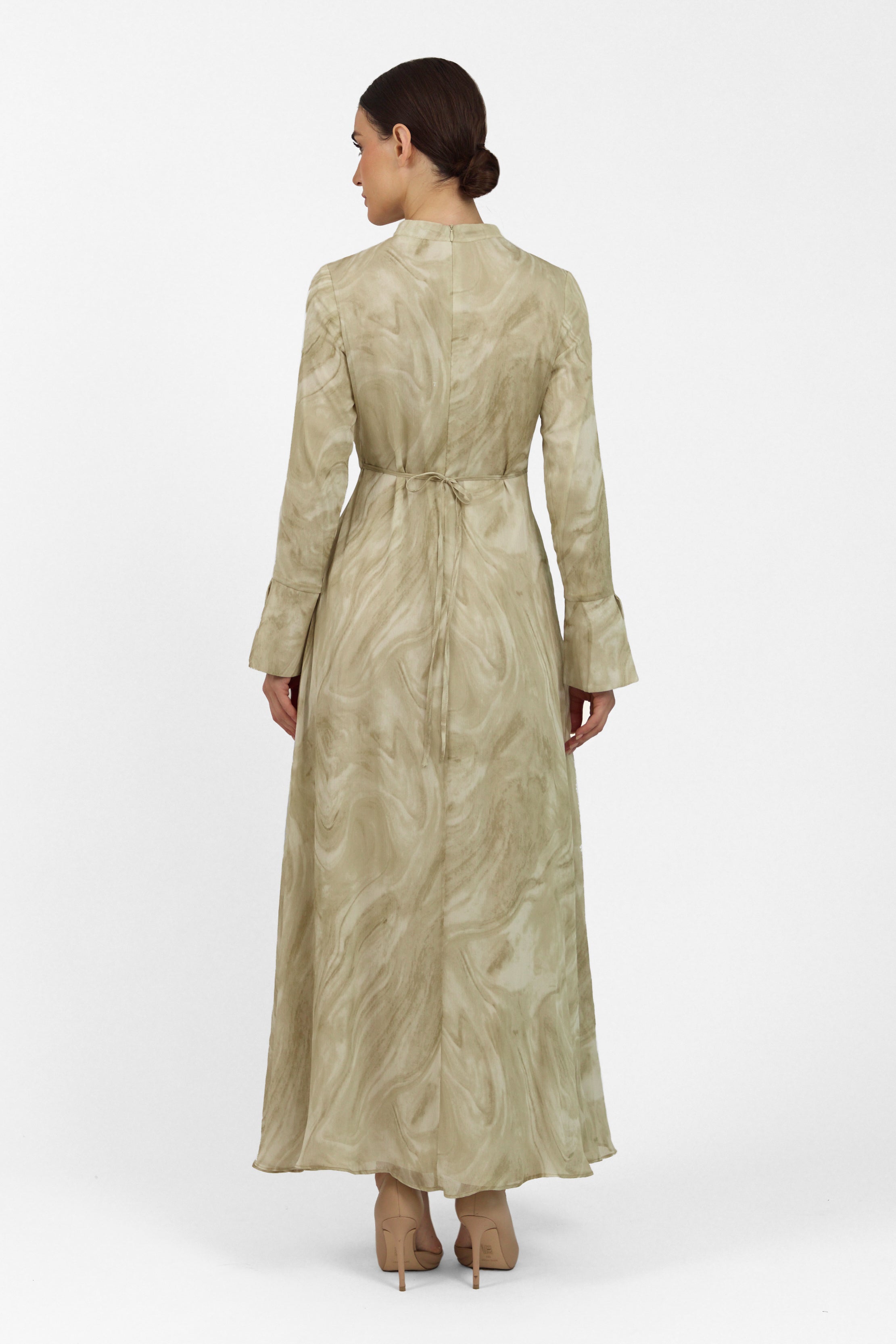 A back pose from a model in a Printed Watercolour Dress