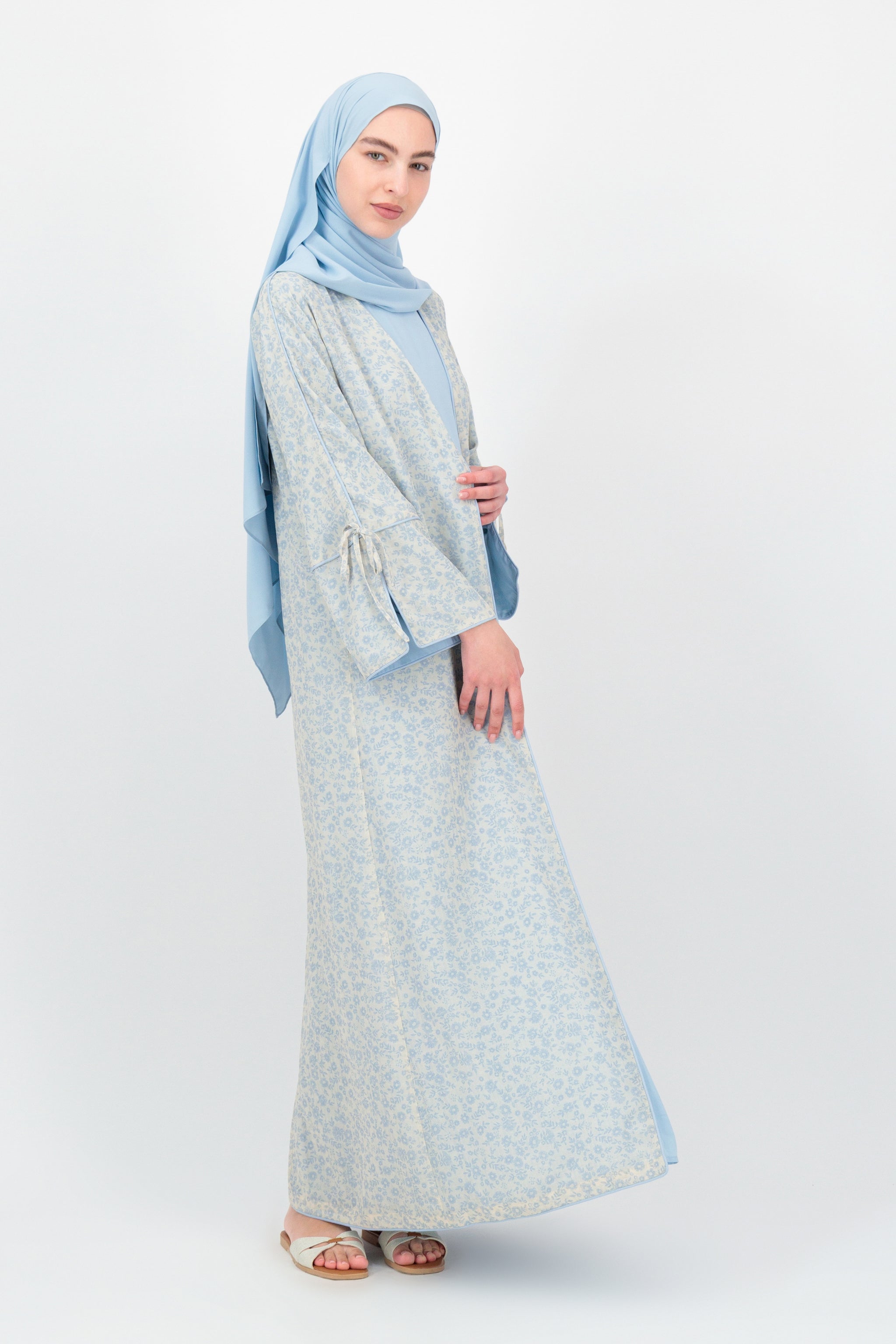 abaya maxi dress 3 Piece Abaya Set - FARES - Light Blue - Printed Design