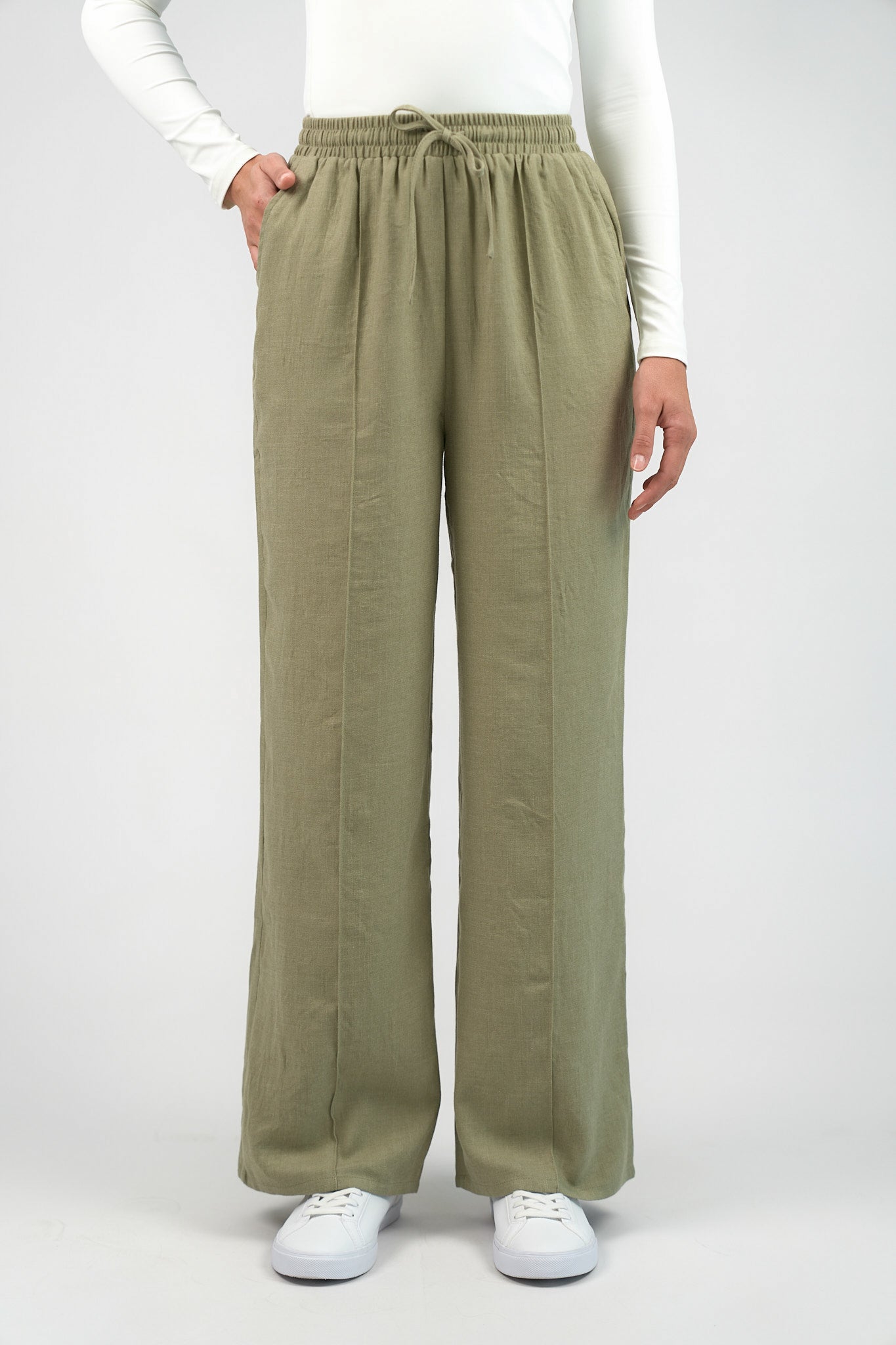 Pressed Crease Wide Leg Pants - Olive Branch