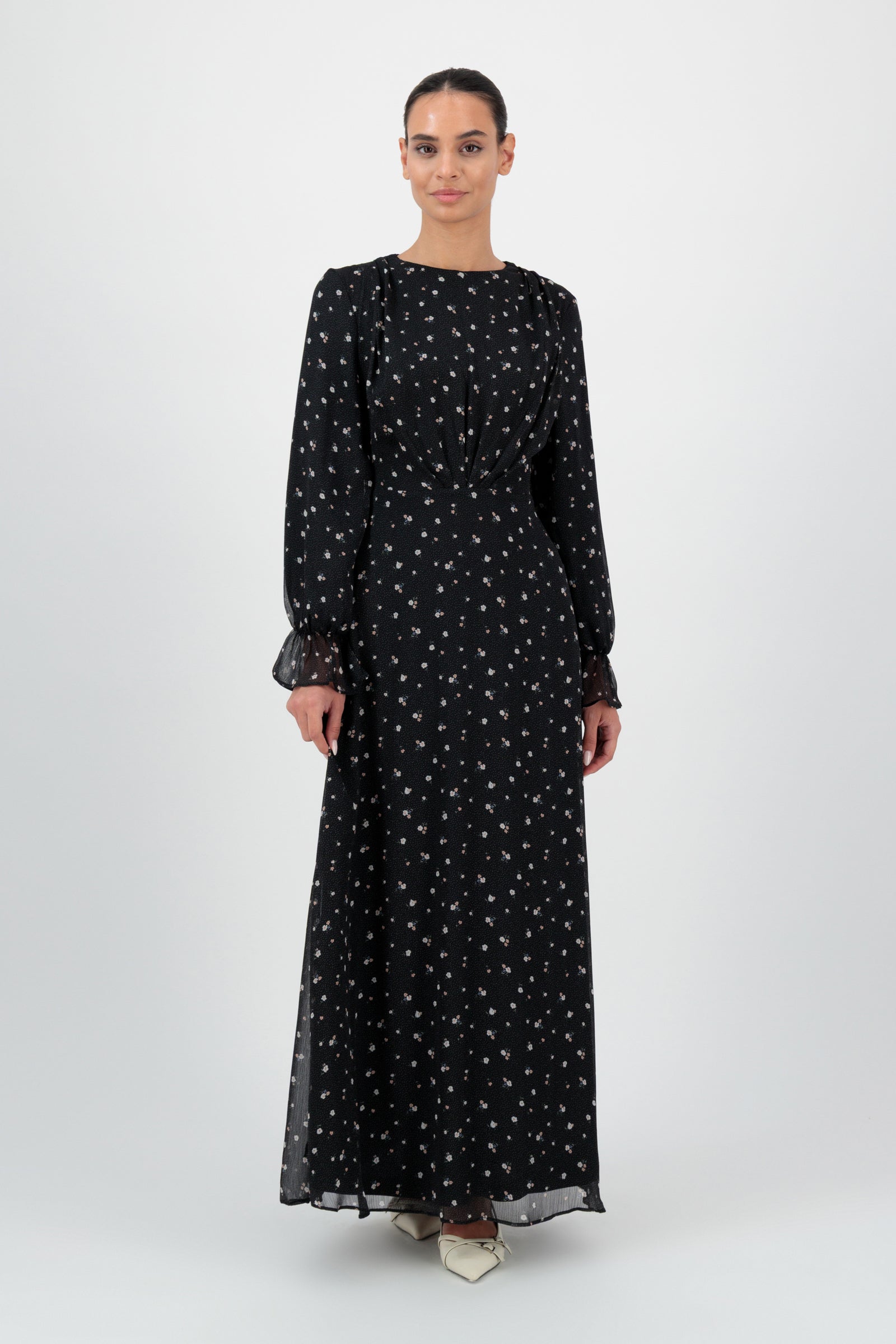 FARES Waist Wrap Chiffon Dress in Nightbloom is a flowing chiffon dress with a soft waist wrap detail, designed as an elegant long sleeve dress.