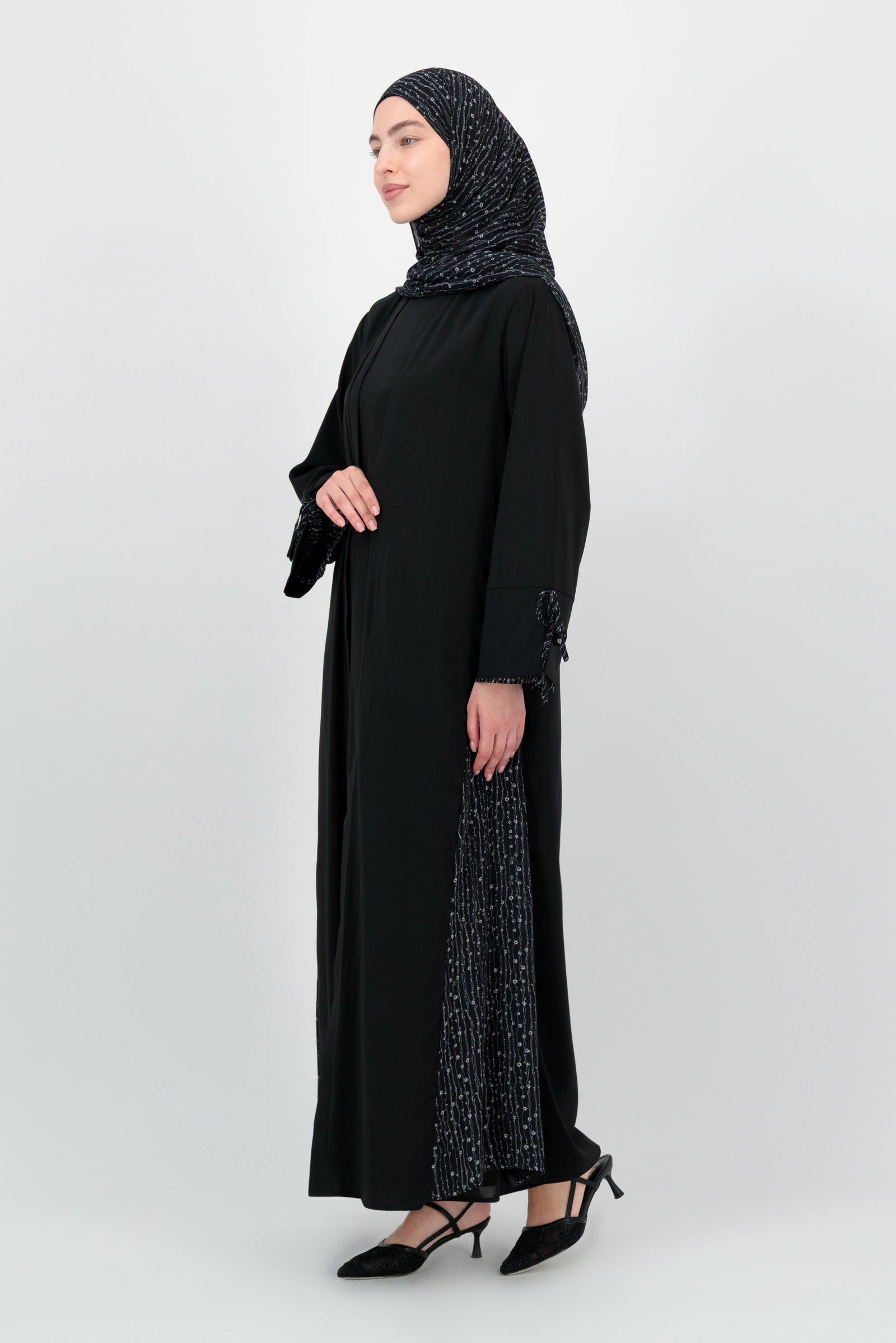 Print Accent 3 Piece Abaya Set - Black
