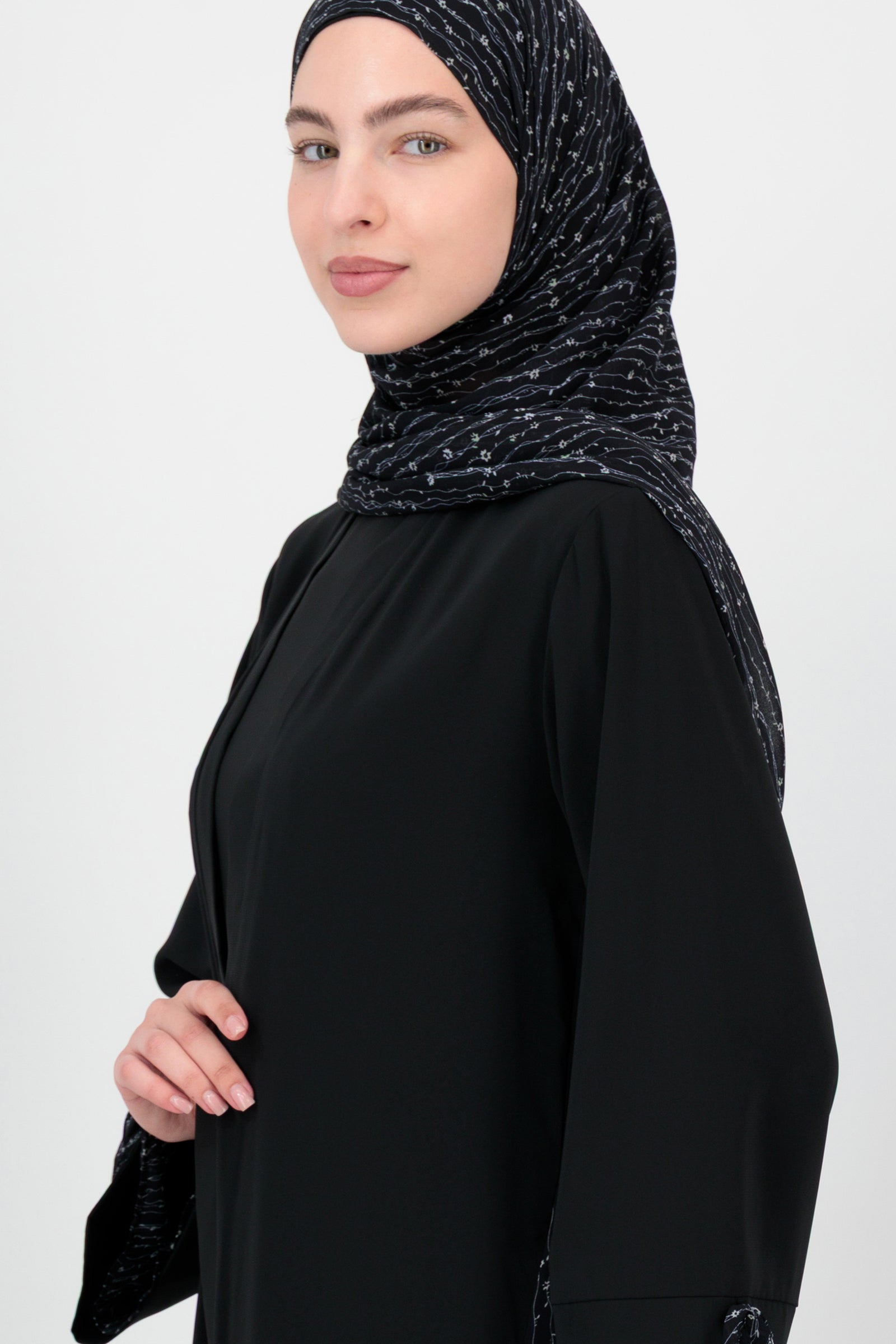 Print Accent 3 Piece Abaya Set - Black