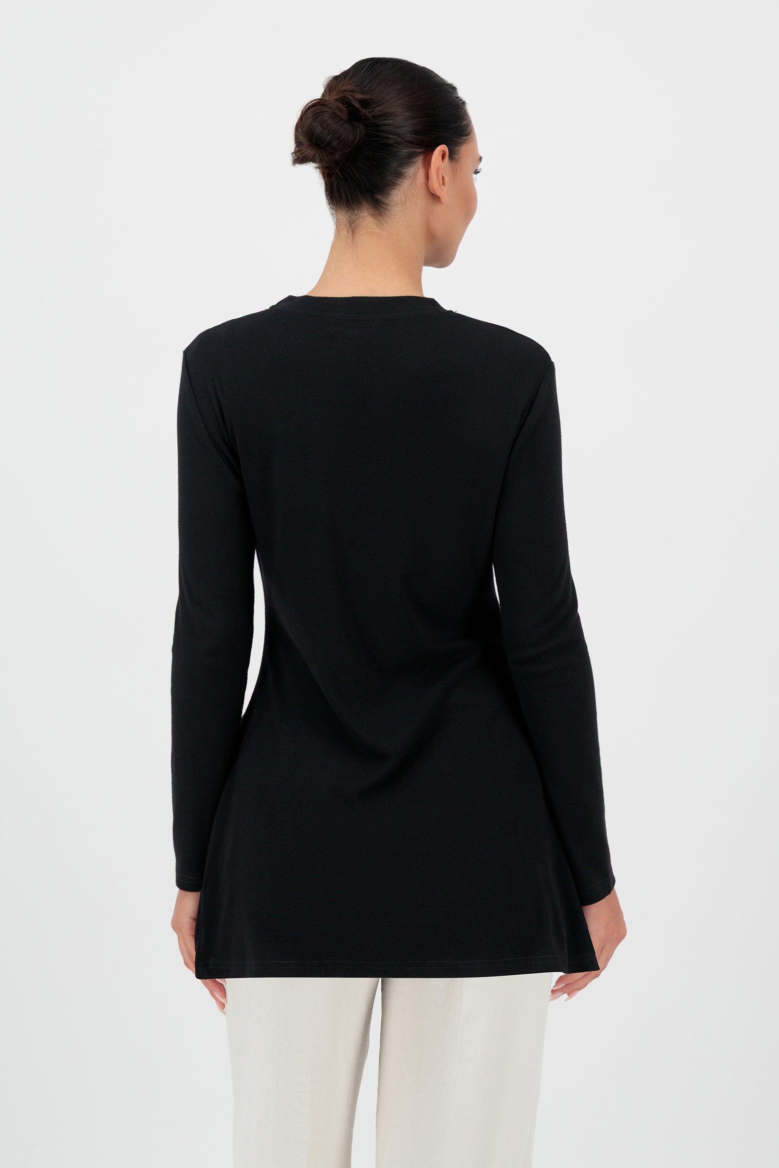 Ruched Knit Top With Slit - Black