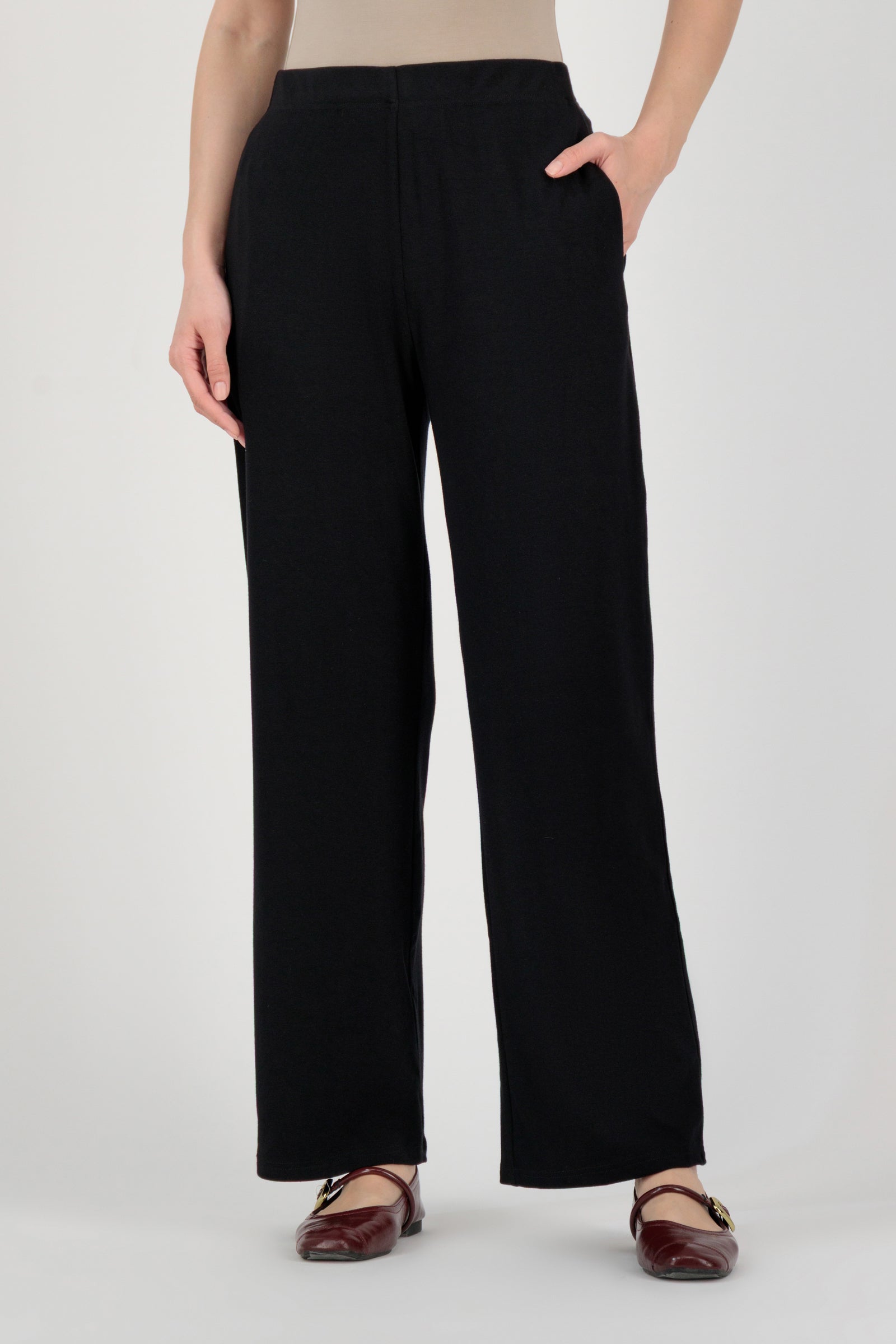 FARES Straight Leg Knit Pants in Black shown from the front with clean lines, presenting refined straight leg pants made from soft knit fabric.