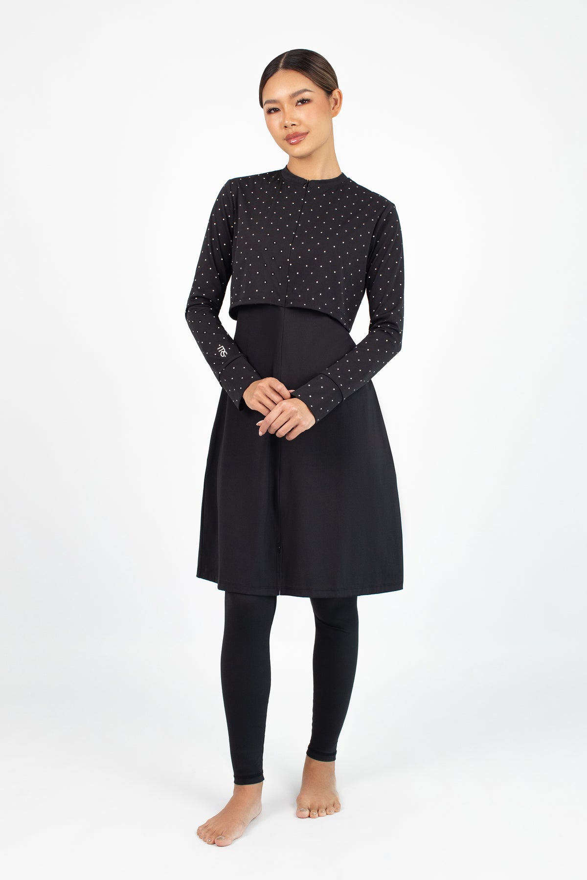 FARES Zip Up Modest Swim Set – Black Polka