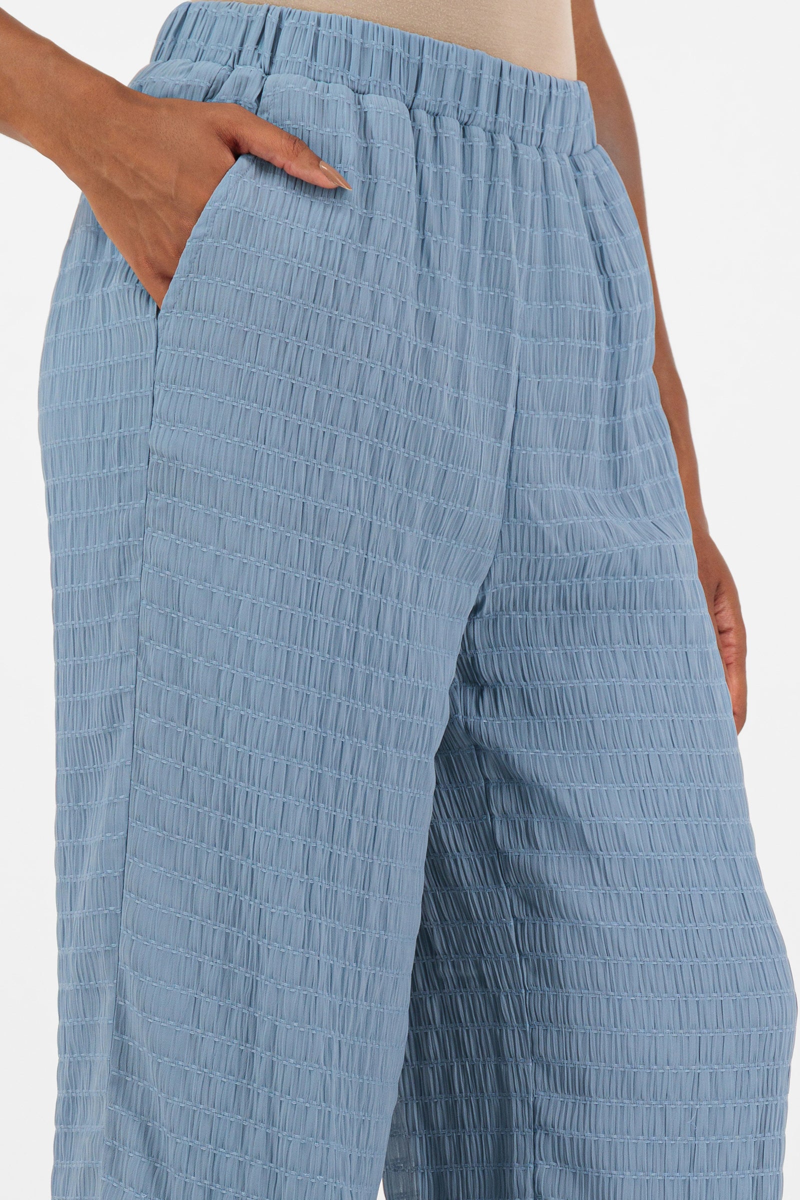 Detail of the gathered waistband and airy fabric on the FARES Shirred Wide Leg Pants in Berry.