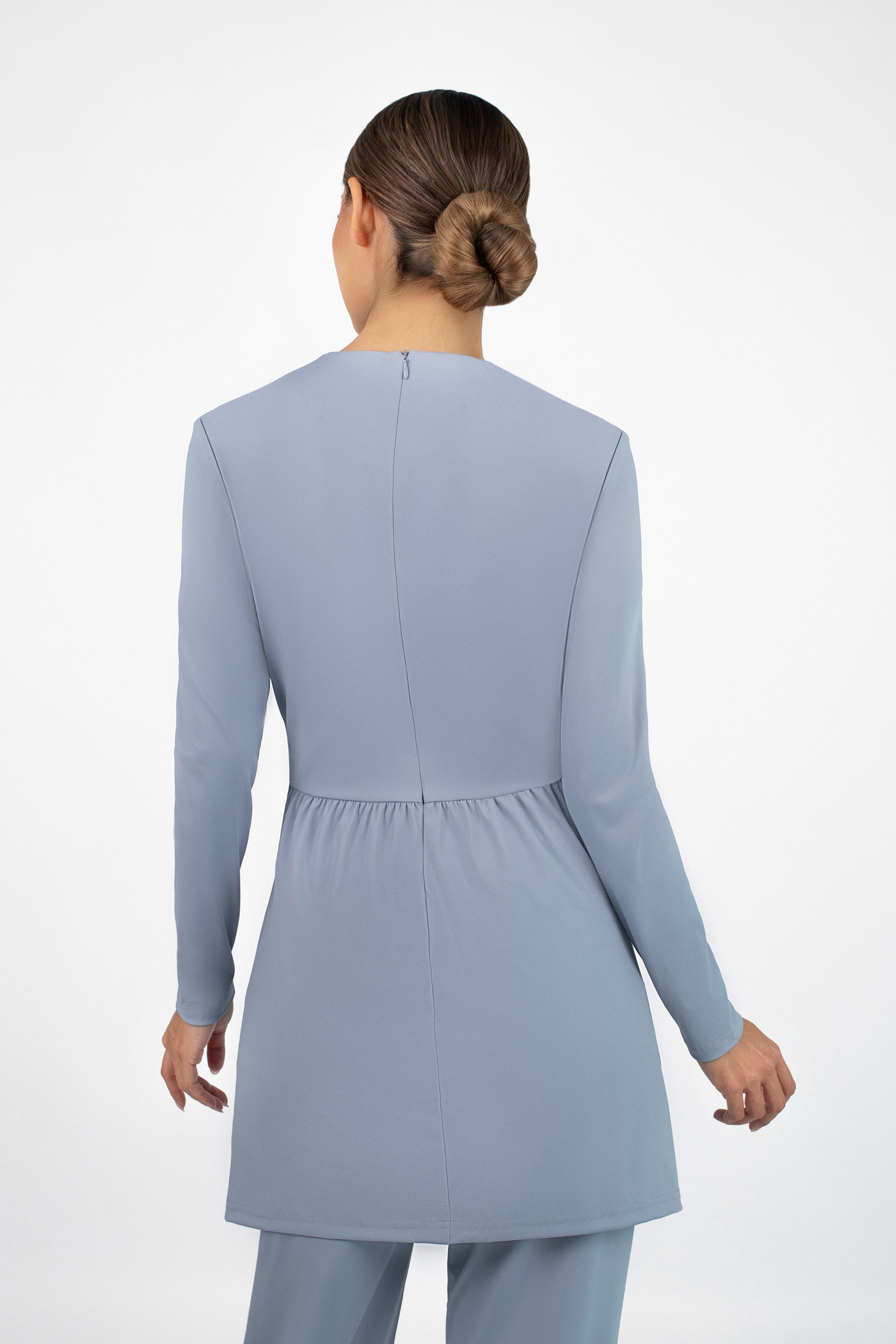 Three-quarter angle of the FARES Gathered Quick-Dry Modest Swim Set in Coastal Blue, featuring a gathered front and relaxed swim suit design.