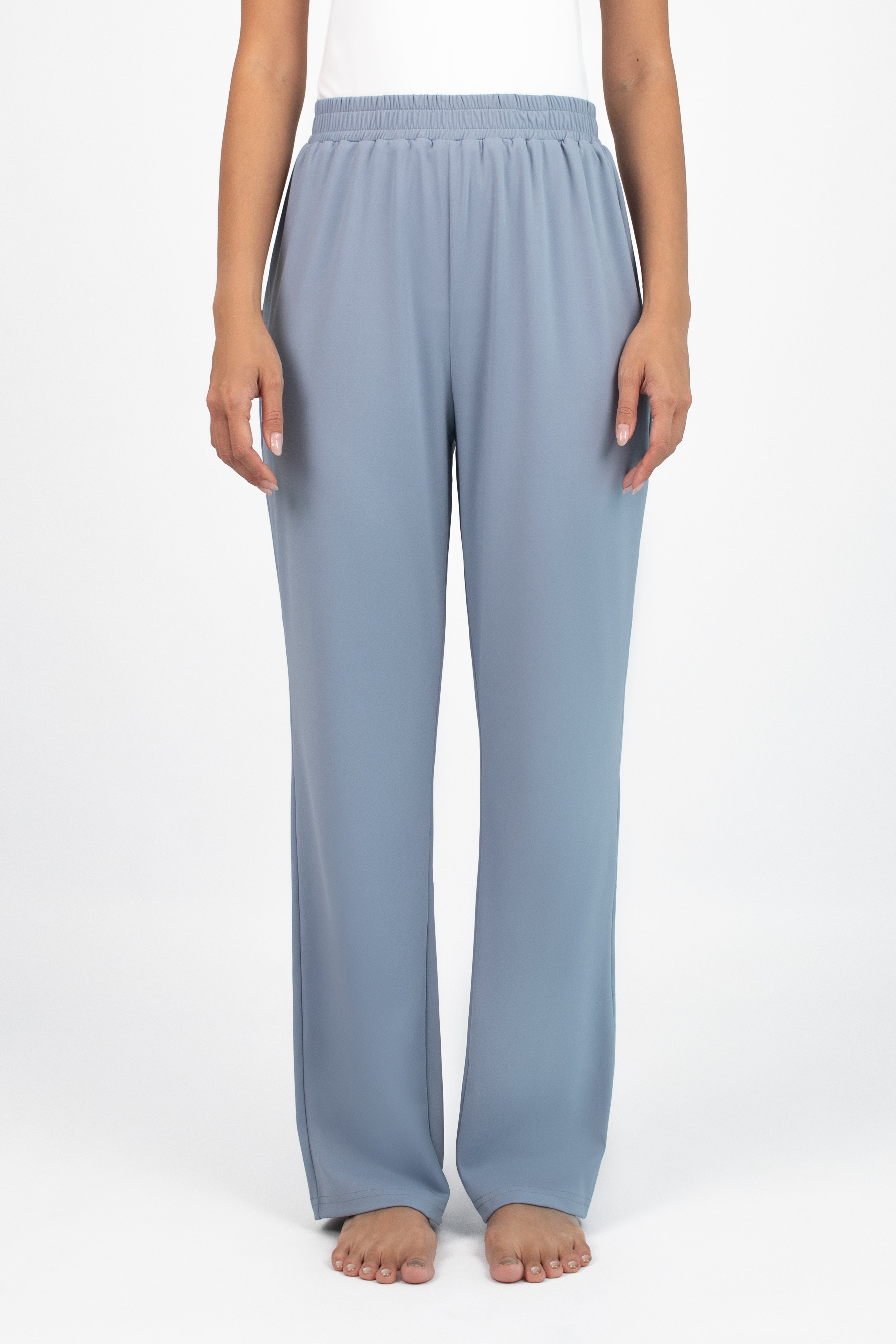 Detail of the swim leggings and waistband on the FARES Gathered Quick-Dry Modest Swim Set in Coastal Blue, emphasizing comfort and coverage.