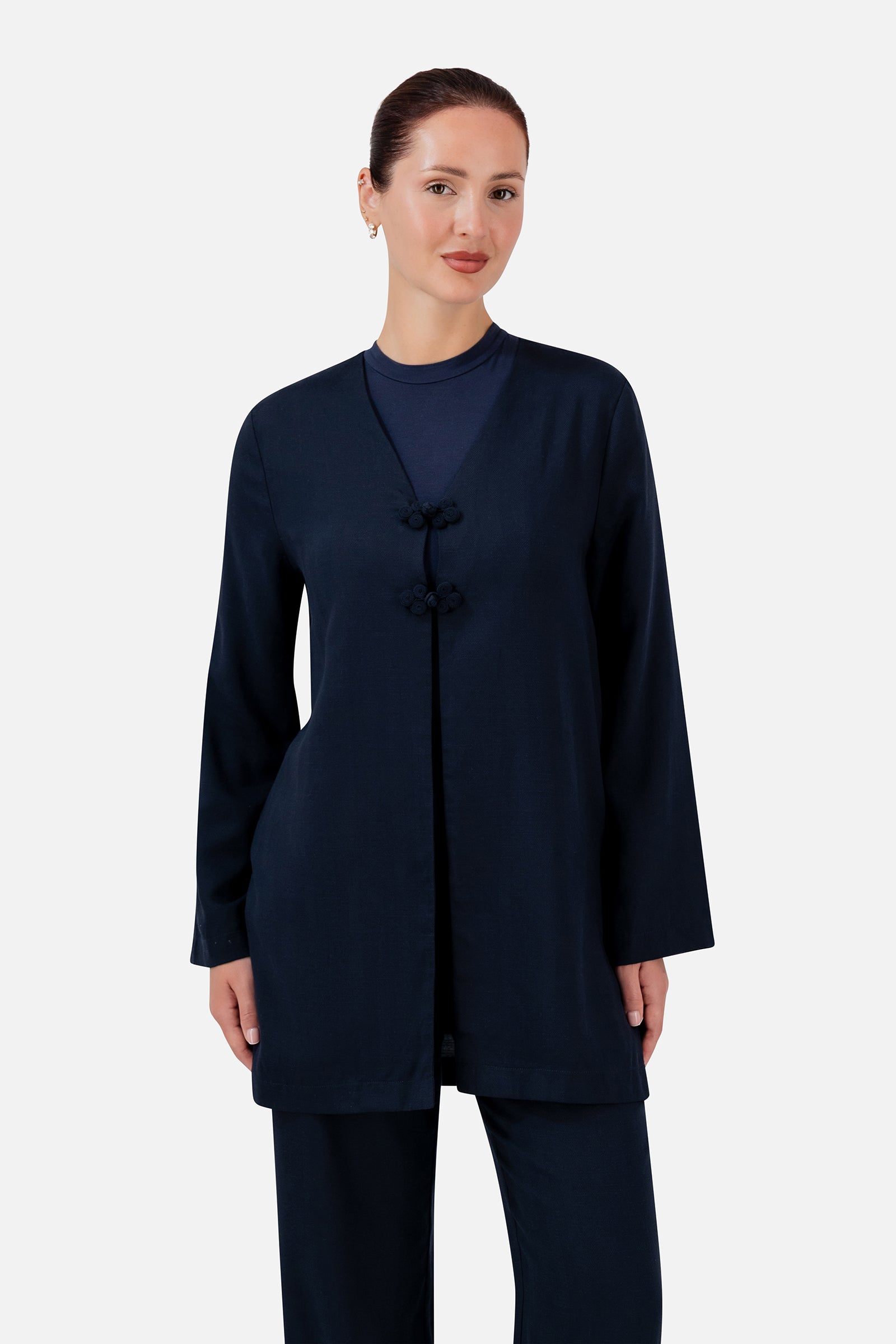 FARES Knot Detail Cardigan in Navy, a refined cardigan for women with statement knot closures and a relaxed longline silhouette.