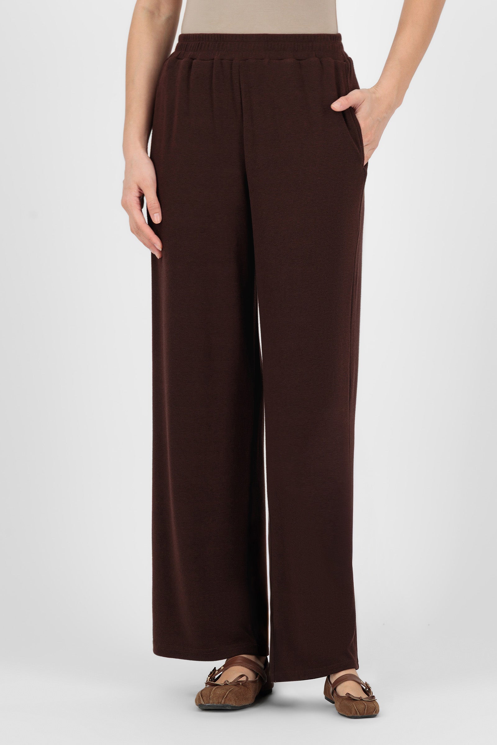 Alternate front pose of the Espresso Straight Leg Knit Pants showing the cozy knit fabric and effortless fit that make these knit pants perfect for daily wear.
