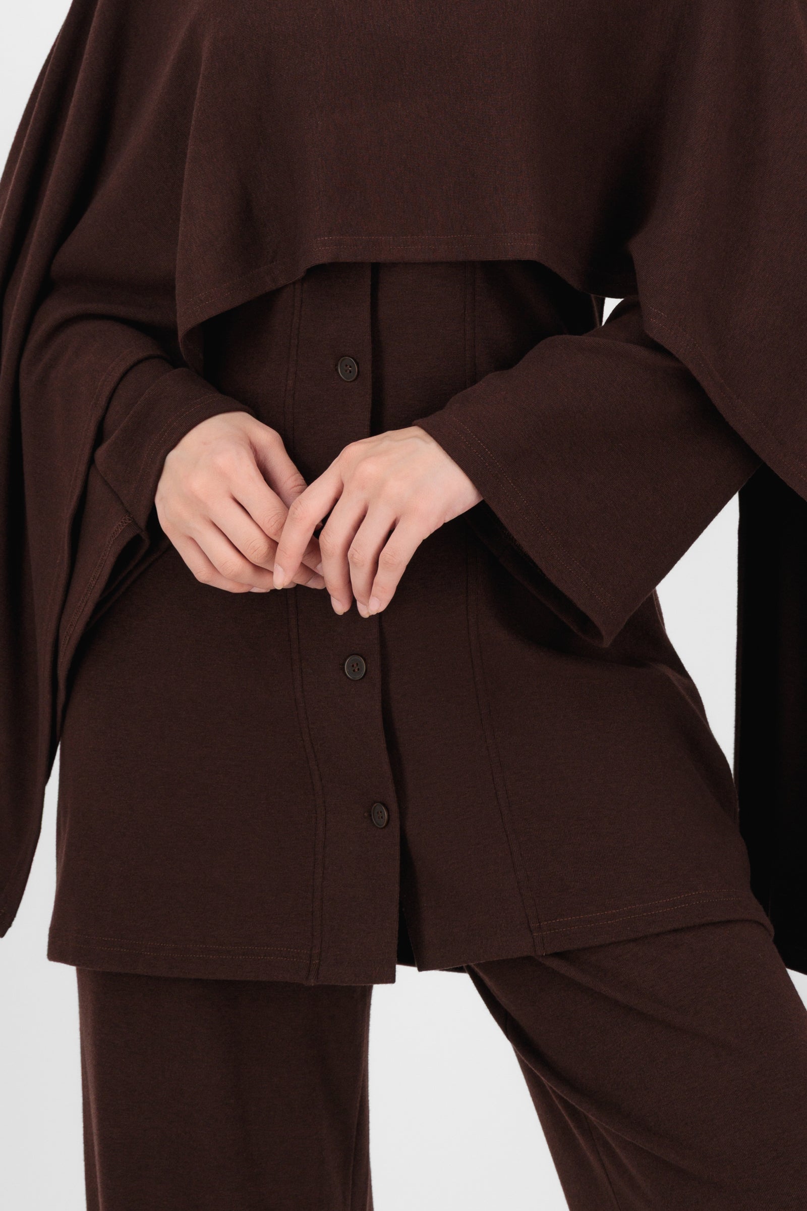 Close-up of the Draped Shawl Knit Top Espresso focusing on the soft knit texture, folded shawl detail, and clean stitching that elevate classic tops for women.