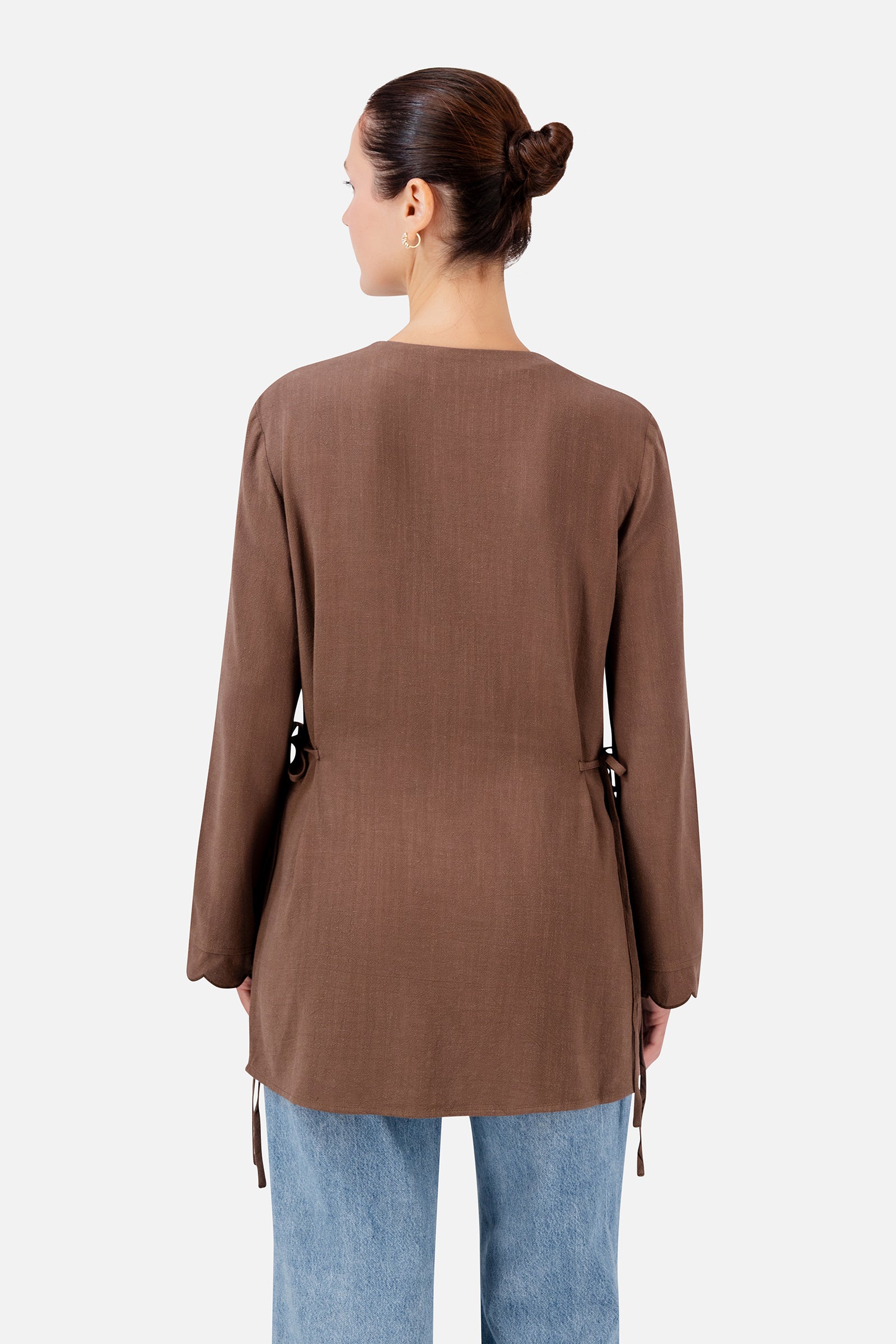 FARES Scalloped Detail Linen Blend Top in Fudge shown from the back, highlighting the relaxed longline shape and softly fitted silhouette.