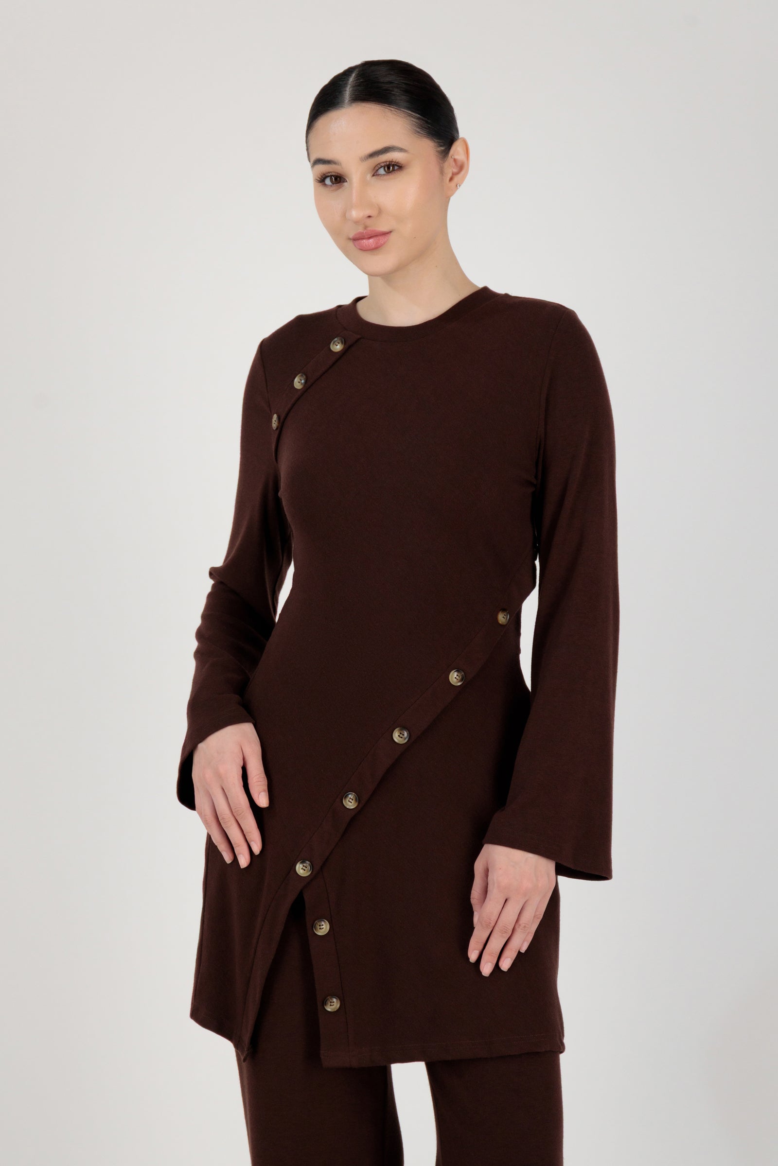 FARES Button Detail Knit Tunic in Brownie shown from the front as refined tunic clothing with a soft knit texture and elegant button-up detailing.