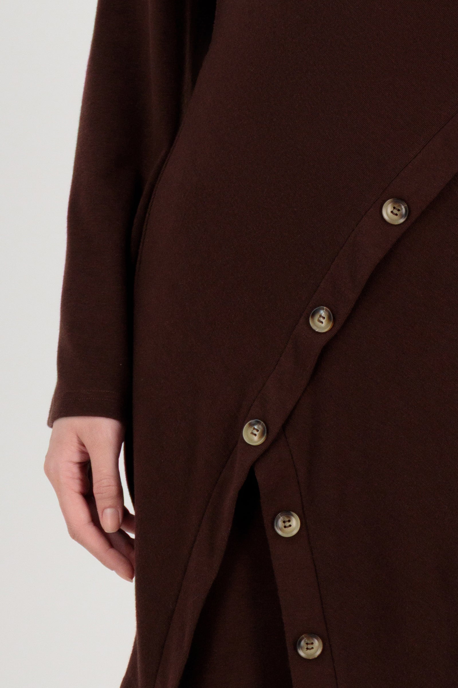 Close-up detail of the FARES Button Detail Knit Tunic in Brownie focusing on the button-up accents and knit texture that define this tunic clothing piece.