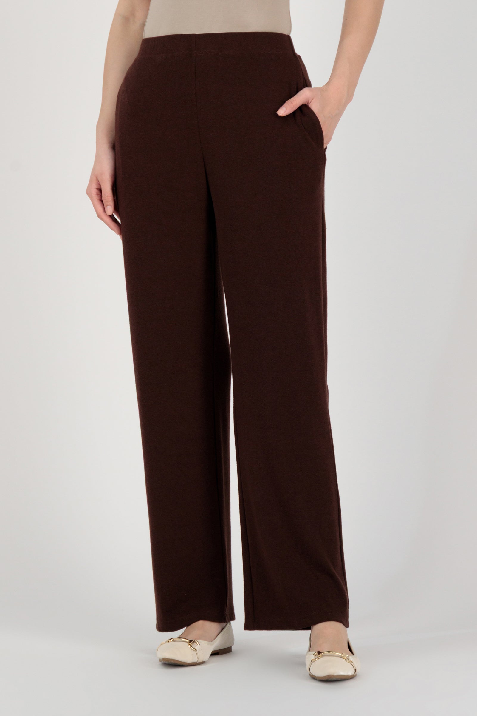 FARES Straight Leg Knit Pants in Brownie shown from the front with clean lines, presenting refined straight leg pants crafted in soft knit fabric.