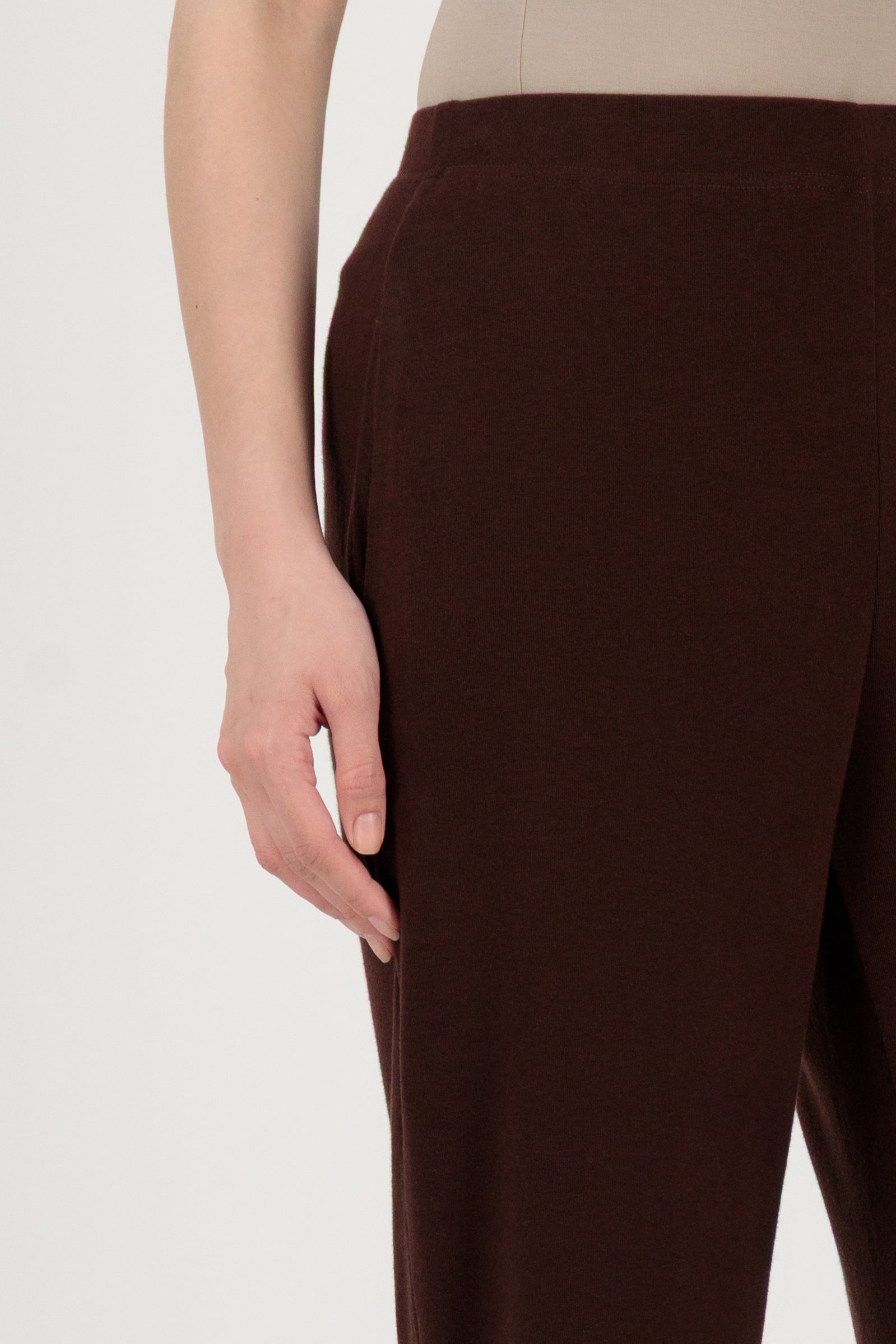 Close-up detail of the FARES Straight Leg Knit Pants in Brownie focusing on the knit texture and clean finish of these straight leg pants.