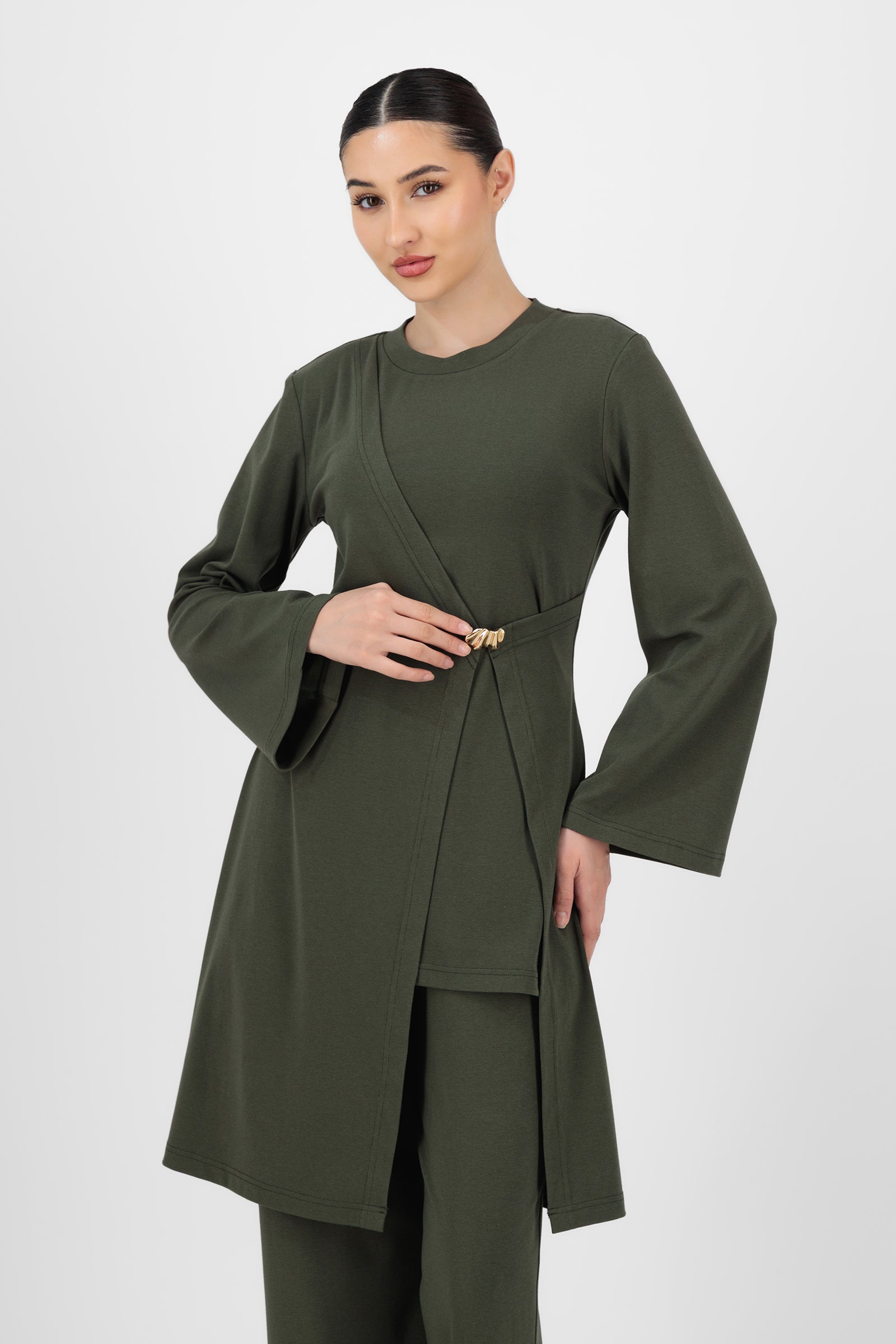 Alternate front pose of the Evergreen Gold Accent Wrap Top showcasing the gold accent detail and natural wrap fit that make it a standout among wrap tops.