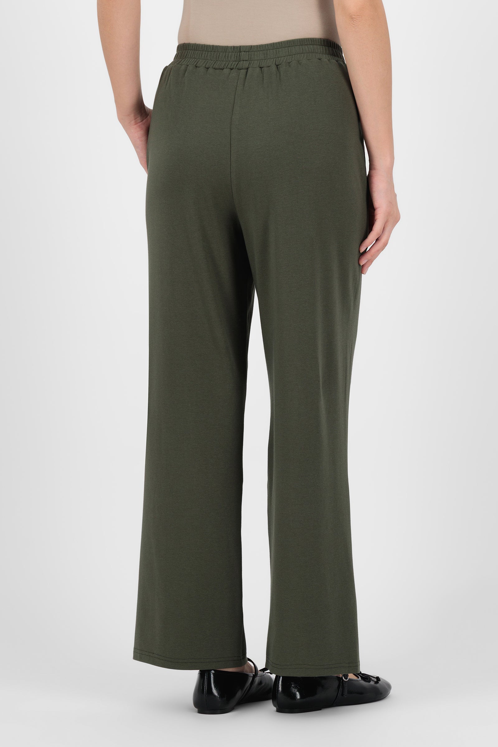 Back view of the Evergreen Elastic Waist Straight Leg Trouser highlighting the smooth waistband and relaxed cut that make these trouser pants for women comfortable and refined.