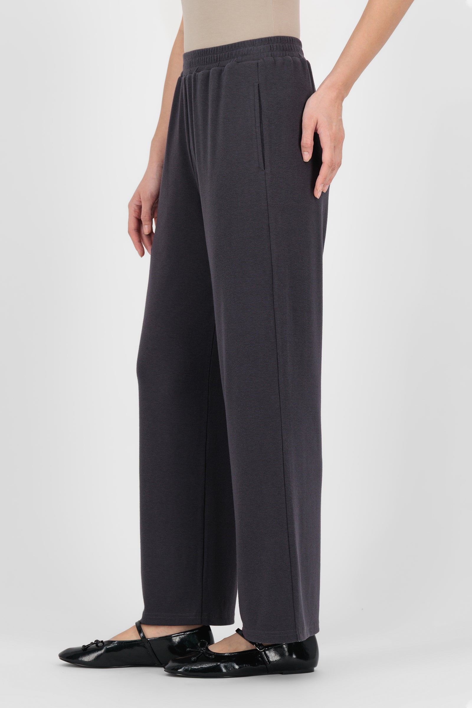 Alternate front pose of the Charcoal Straight Leg Knit Pants showing the cozy knit fabric and effortless fit that make these knit pants ideal for daily wear.