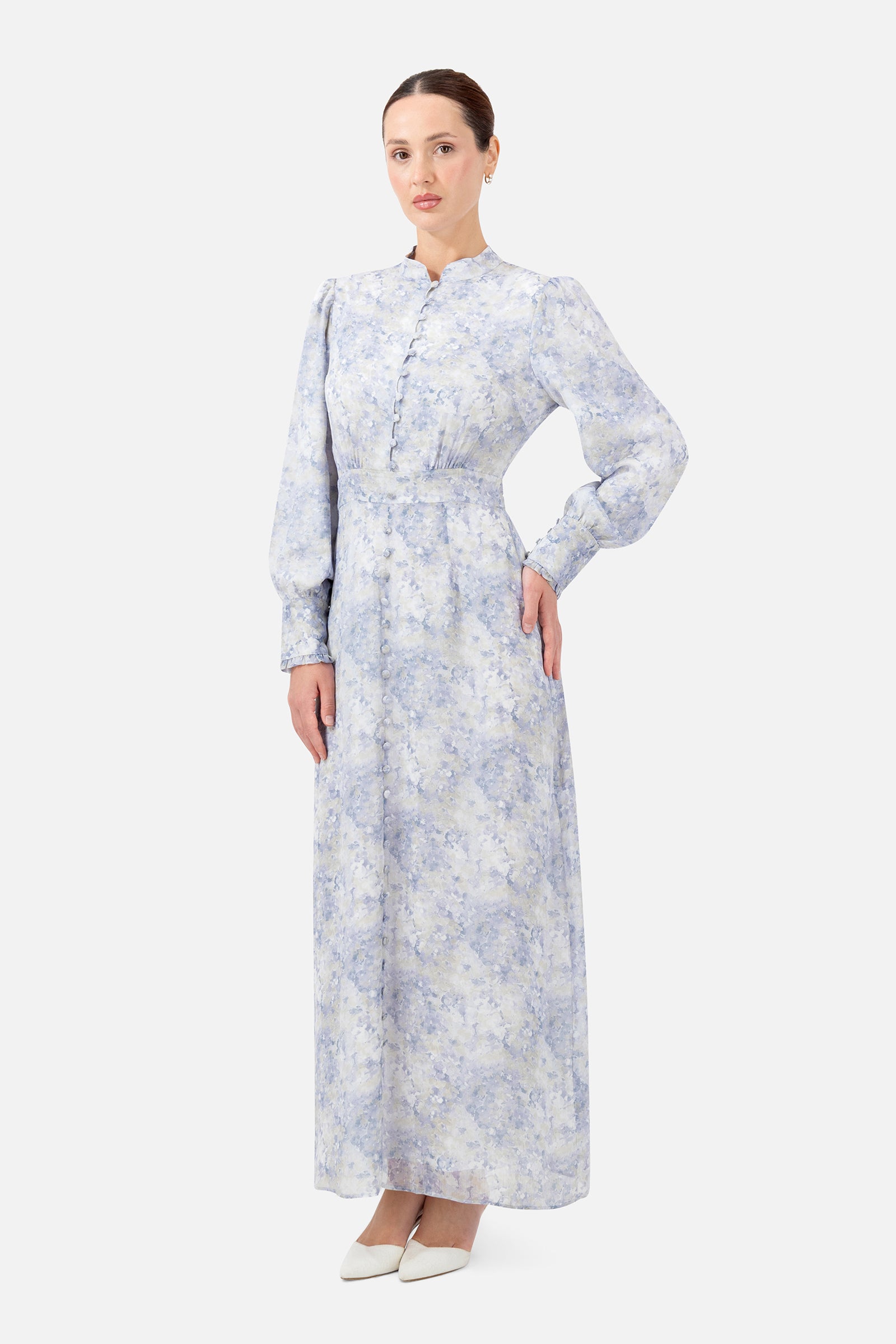 Woman standing in the Blue Dreams Printed Vintage Detail Dress with long sleeves and a feminine silhouette.