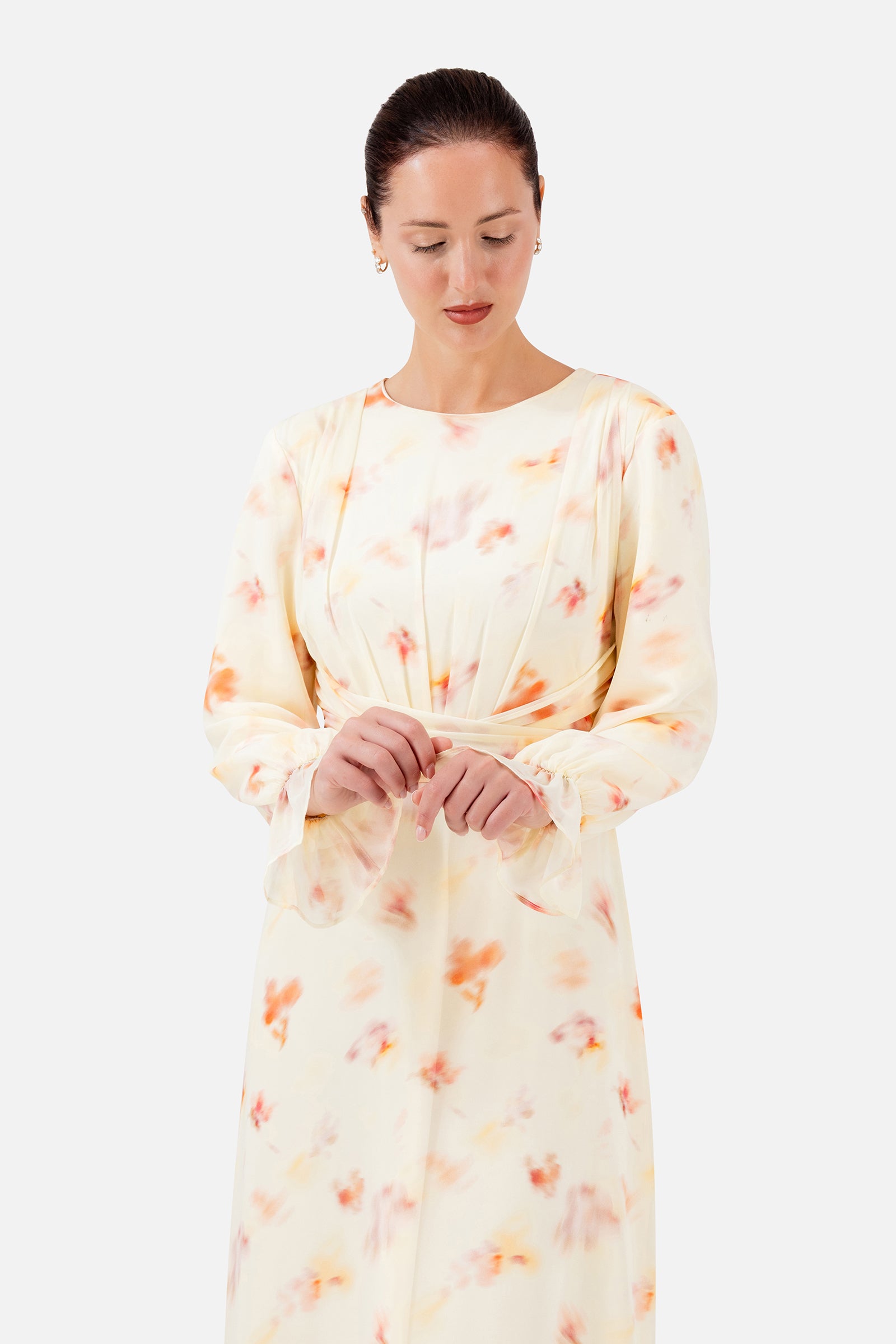 FARES Waist Wrap Chiffon Dress in Sunbloom with a softly wrapped waist and flowing skirt, a feminine choice among chiffon dresses.