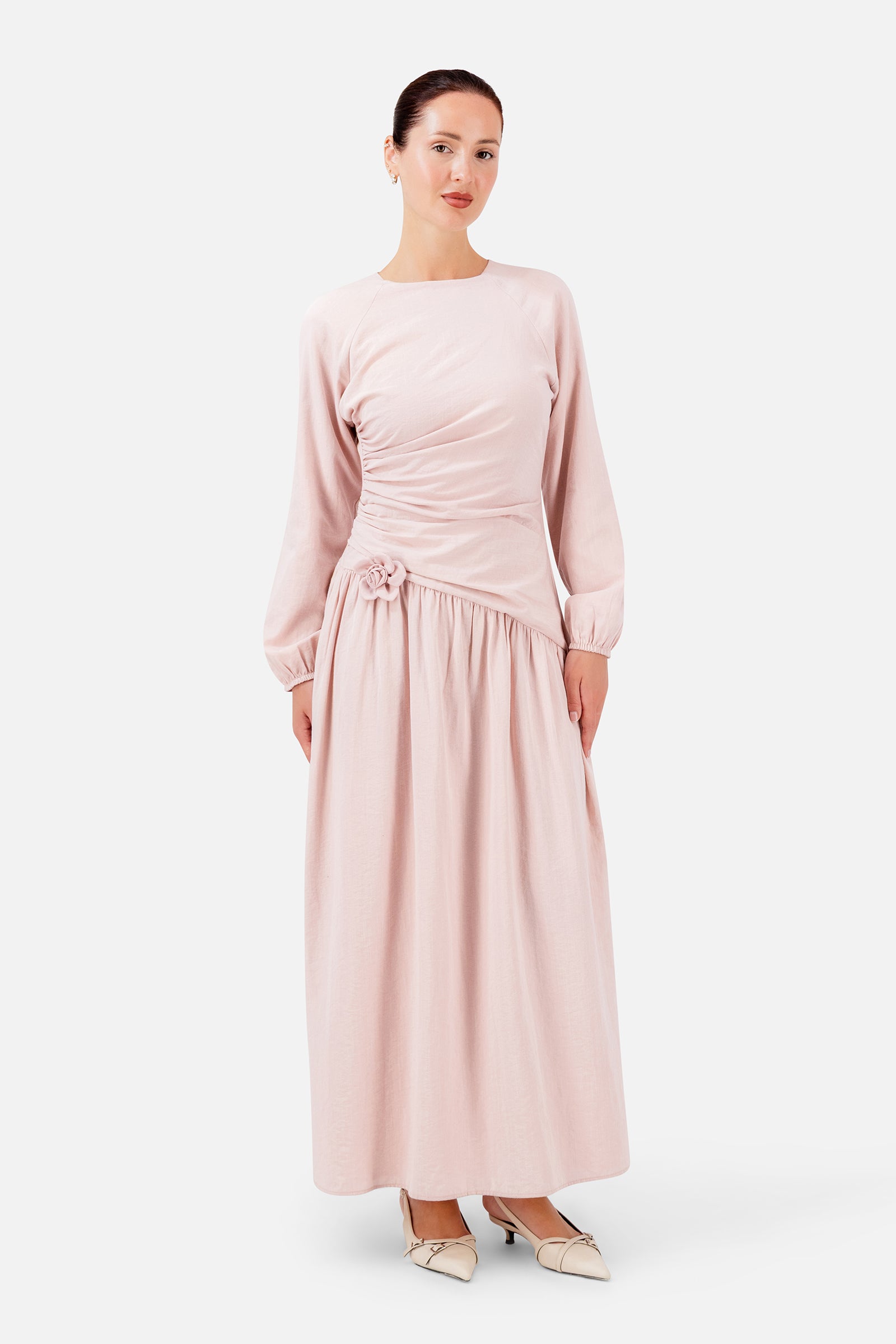 FARES Flower Accent Gathered Dress in Ballet Pink, a flowing choice among dresses for women with delicate flower accents and gathered waist detailing.