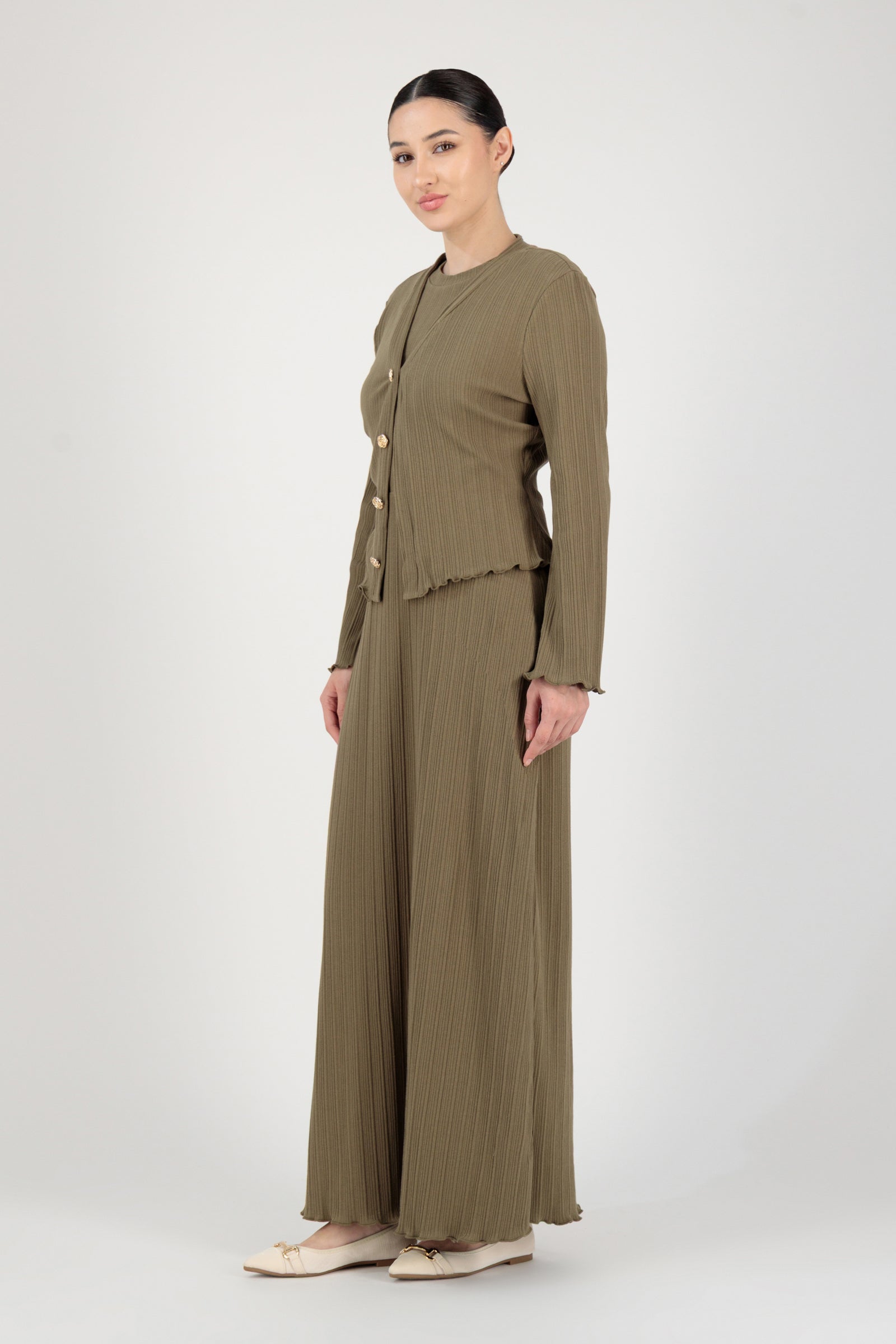 Full-length view of the FARES Ribbed Cotton Dress and Cardigan in Grove styled together, creating a cohesive long sleeve dress and cardigan set.