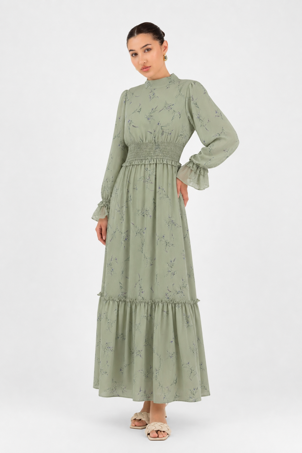 Shirred Waist Summer Maxi Dress - FARES - Sage Green