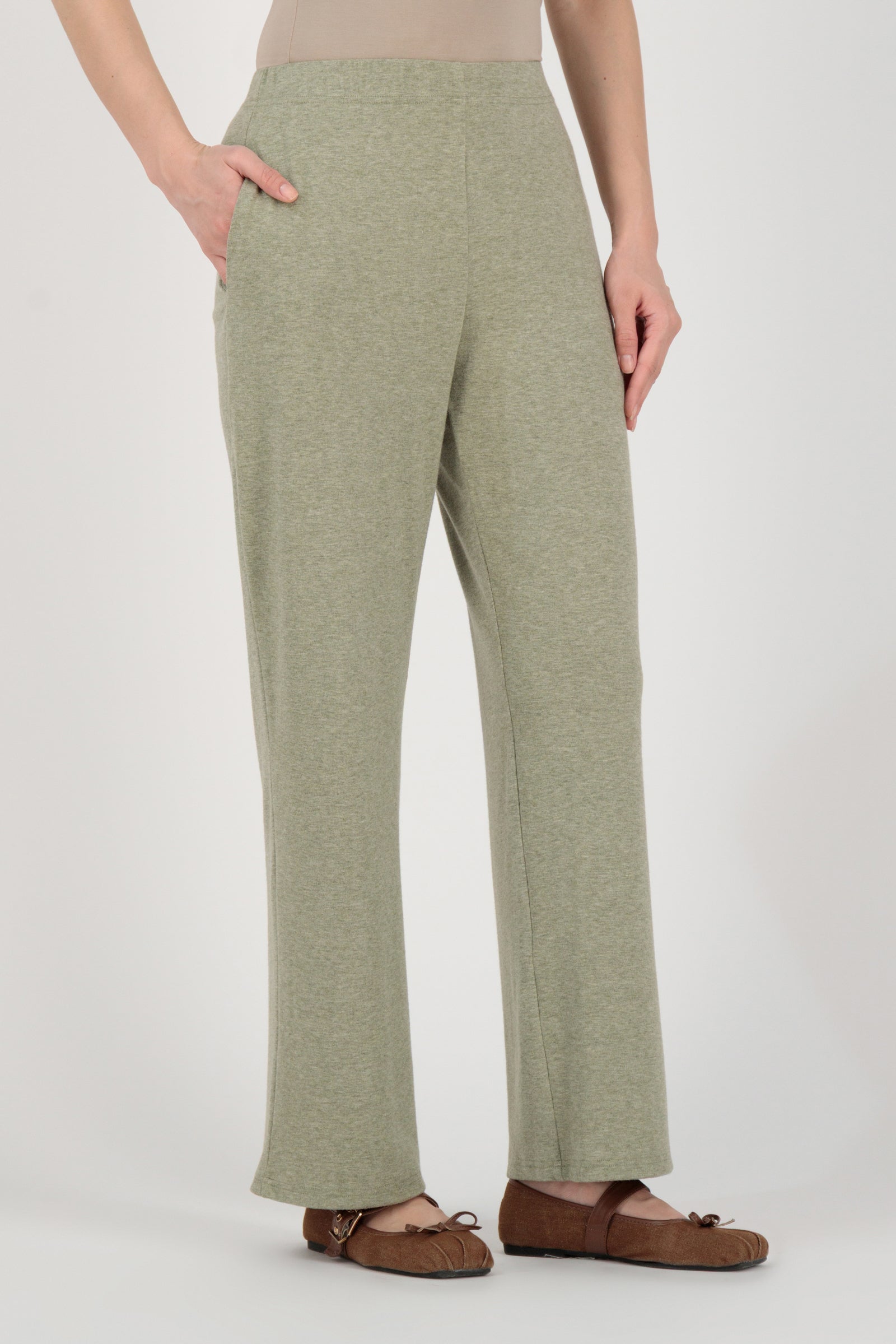 FARES Straight Leg Knit Pants in Olive shown from the front with clean lines, presenting refined straight leg pants made from soft knit fabric.