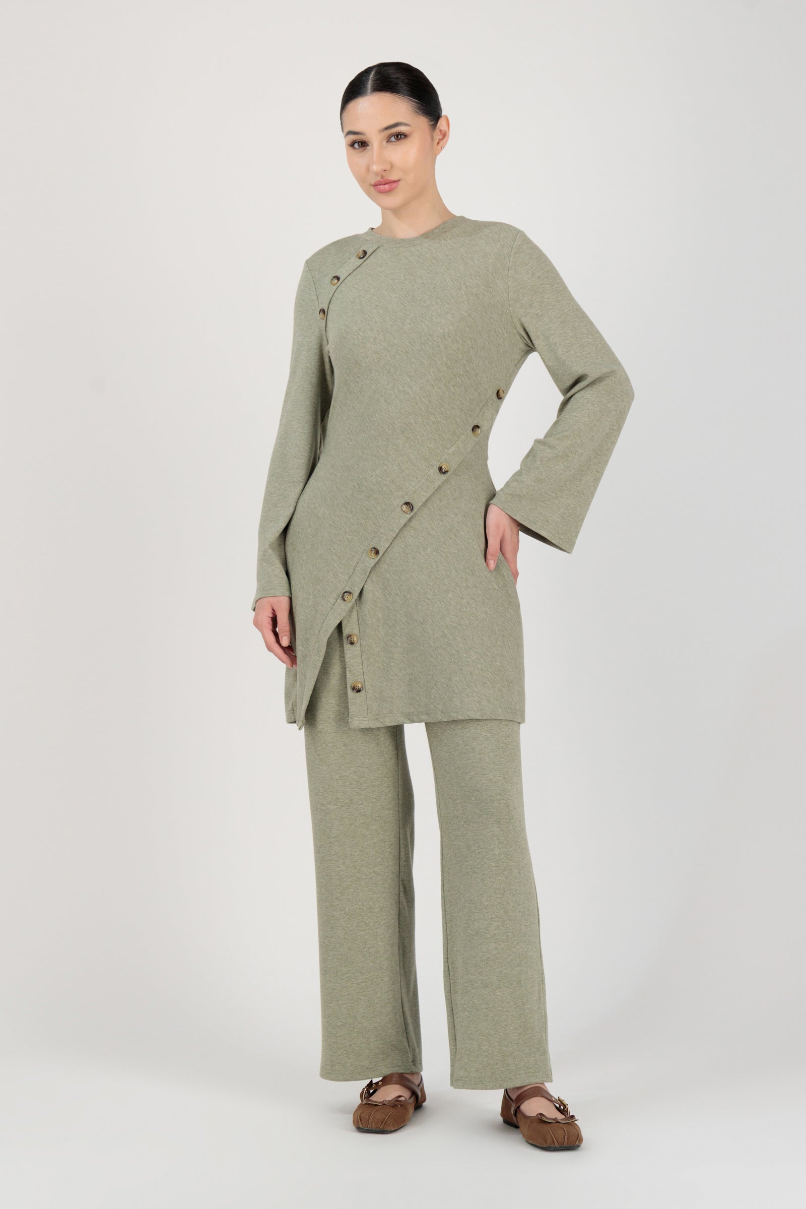 Full-length look featuring the FARES Straight Leg Knit Pants in Olive styled with a matching top, showcasing versatile straight leg pants for everyday wear.