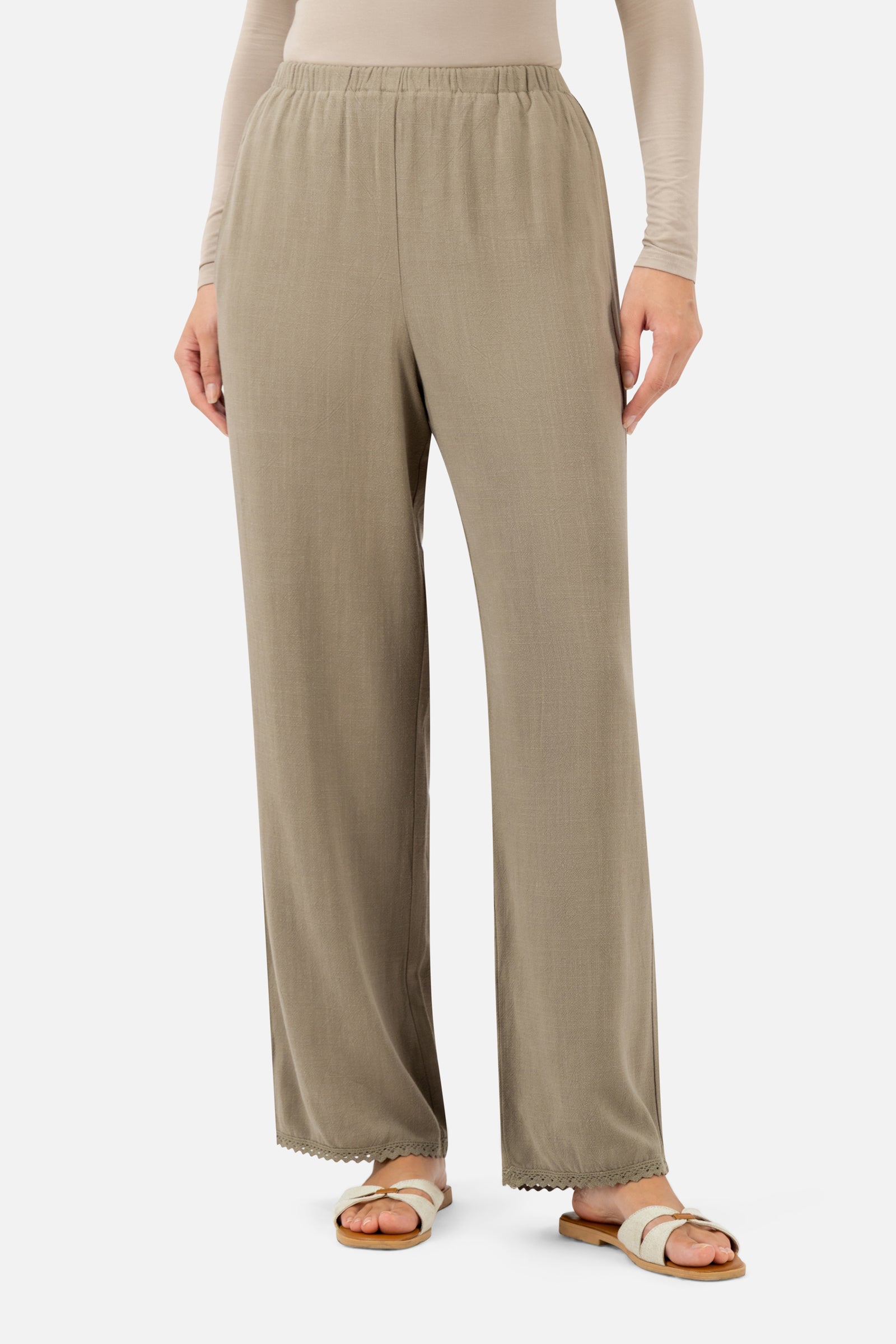 Front view of the Haze Relaxed Fit Pants with a wide-leg silhouette and comfortable elastic waistband.