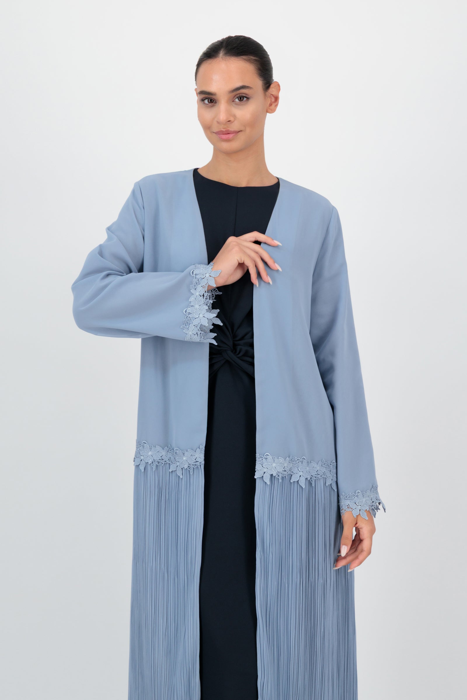 Floral Trim Pleated Abaya - Sama