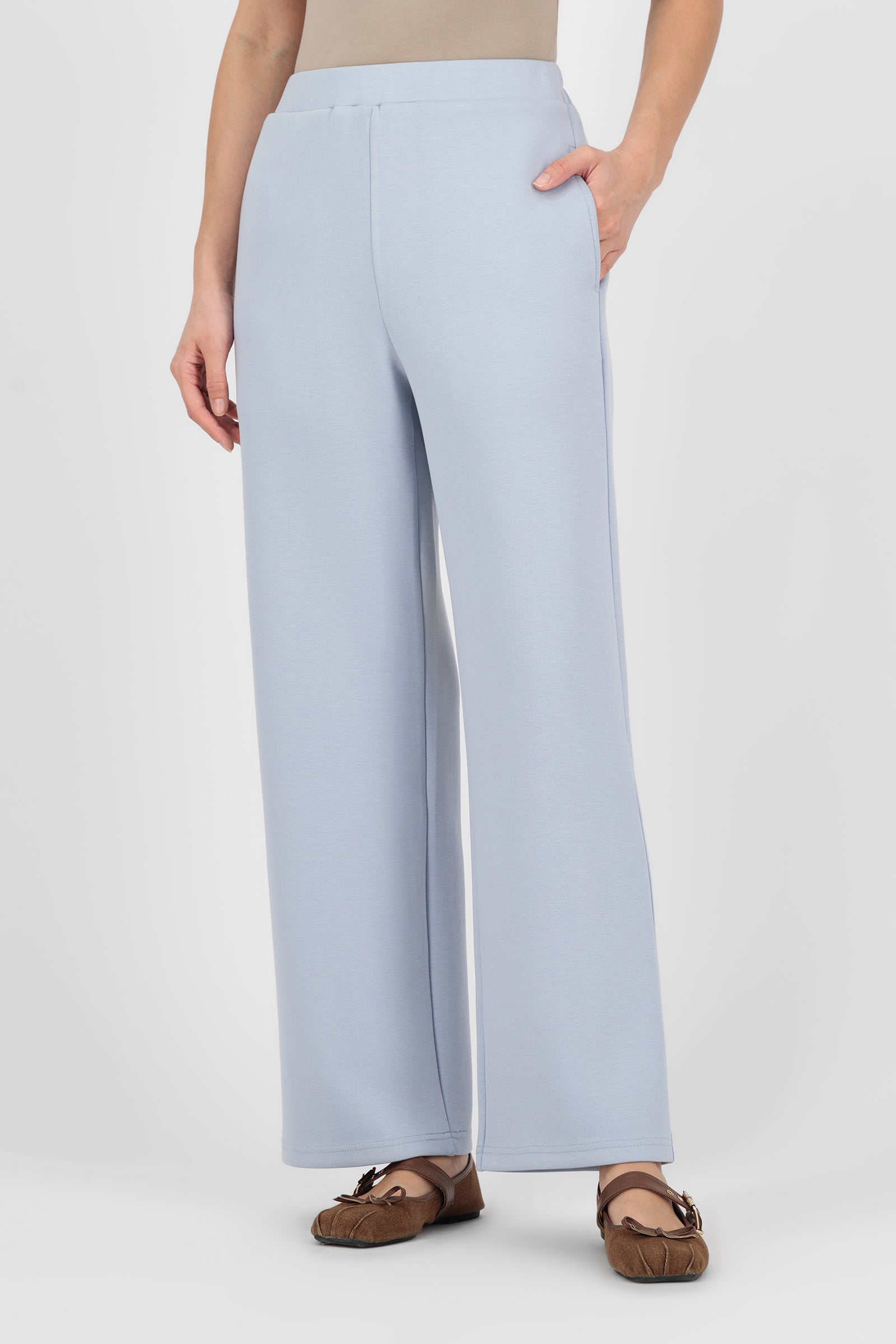 Closer side angle of the Bluebell Buttery Straight Leg Trousers showing the soft fabric and natural fall of the leg for effortless trouser pants for women.