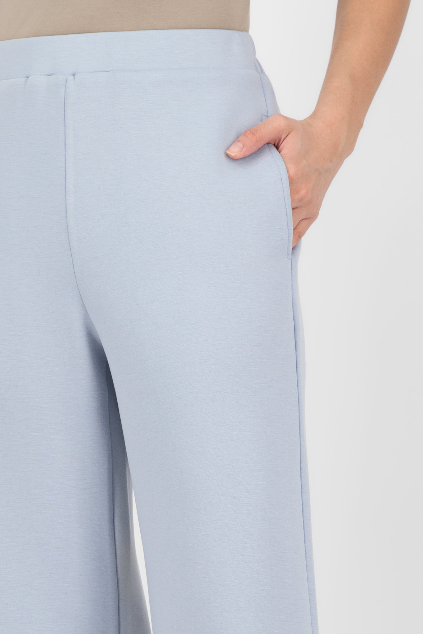 Close-up fabric shot of the Bluebell Buttery Straight Leg Trousers, showing the buttery-soft texture and tailored finish that elevate these trouser pants for women.