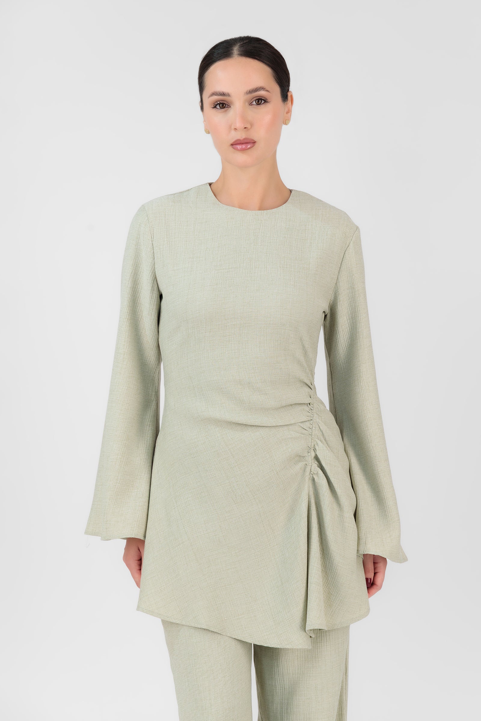 FARES Modest Long Sleeve Tunic – Soft Green | Ruched Detail