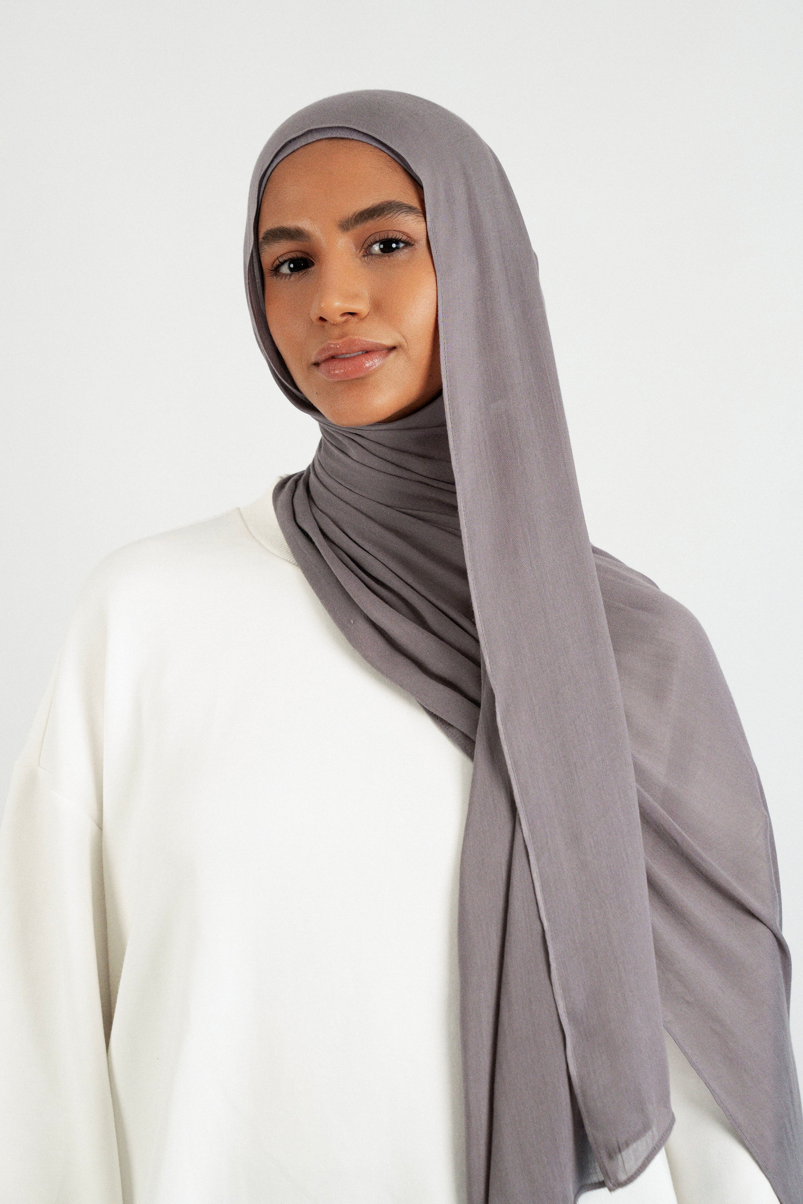 Colour: Moon.  A front pose from a girl in a Matching Butter Modal Hijab Set