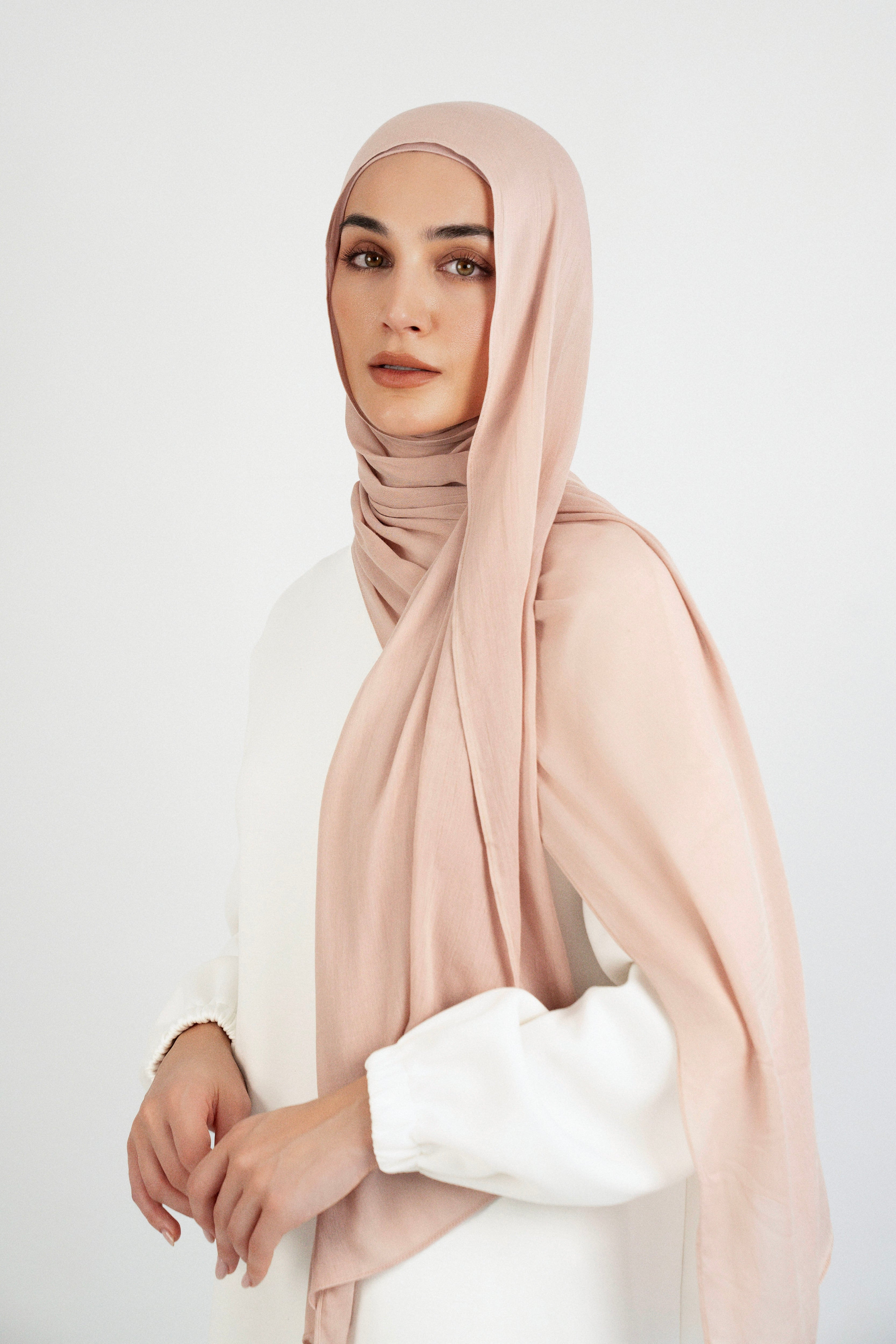 Colour: Seashell. A front pose from a girl in a Matching Butter Modal Hijab Set