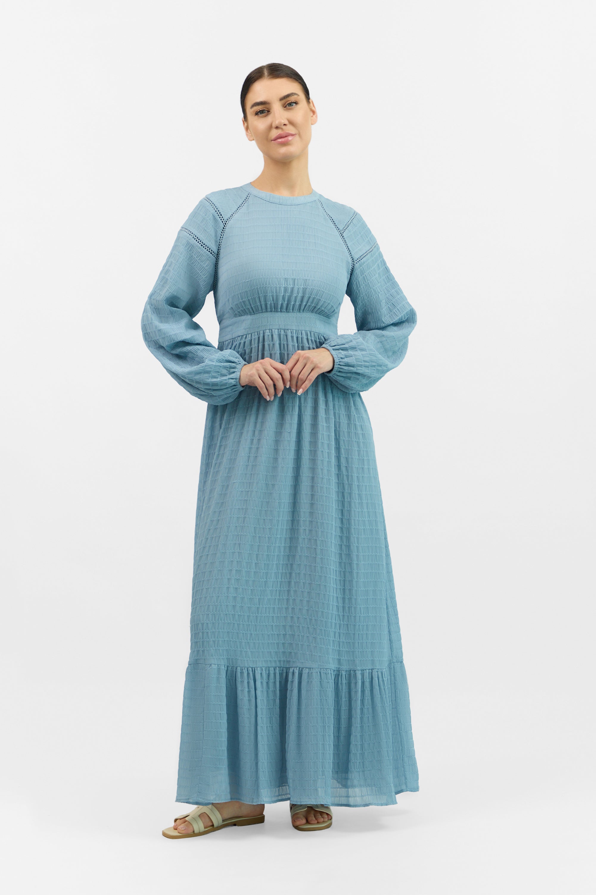 Front view of the FARES Balloon Sleeve Textured Detail Dress in Medium Blue, a voluminous and elegant balloon sleeve dress with gathered texture.