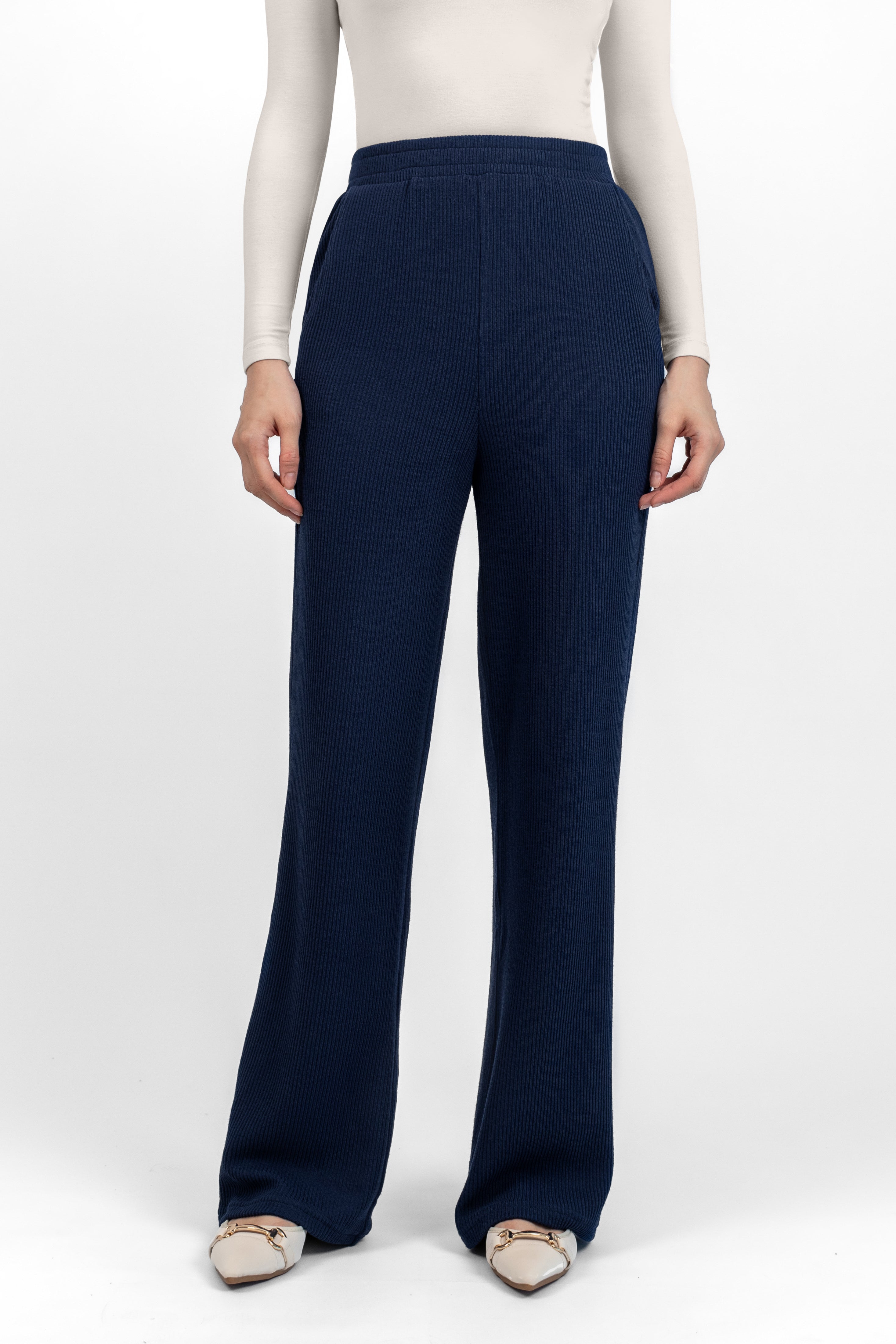 Knit Wide Leg Pants - Navy