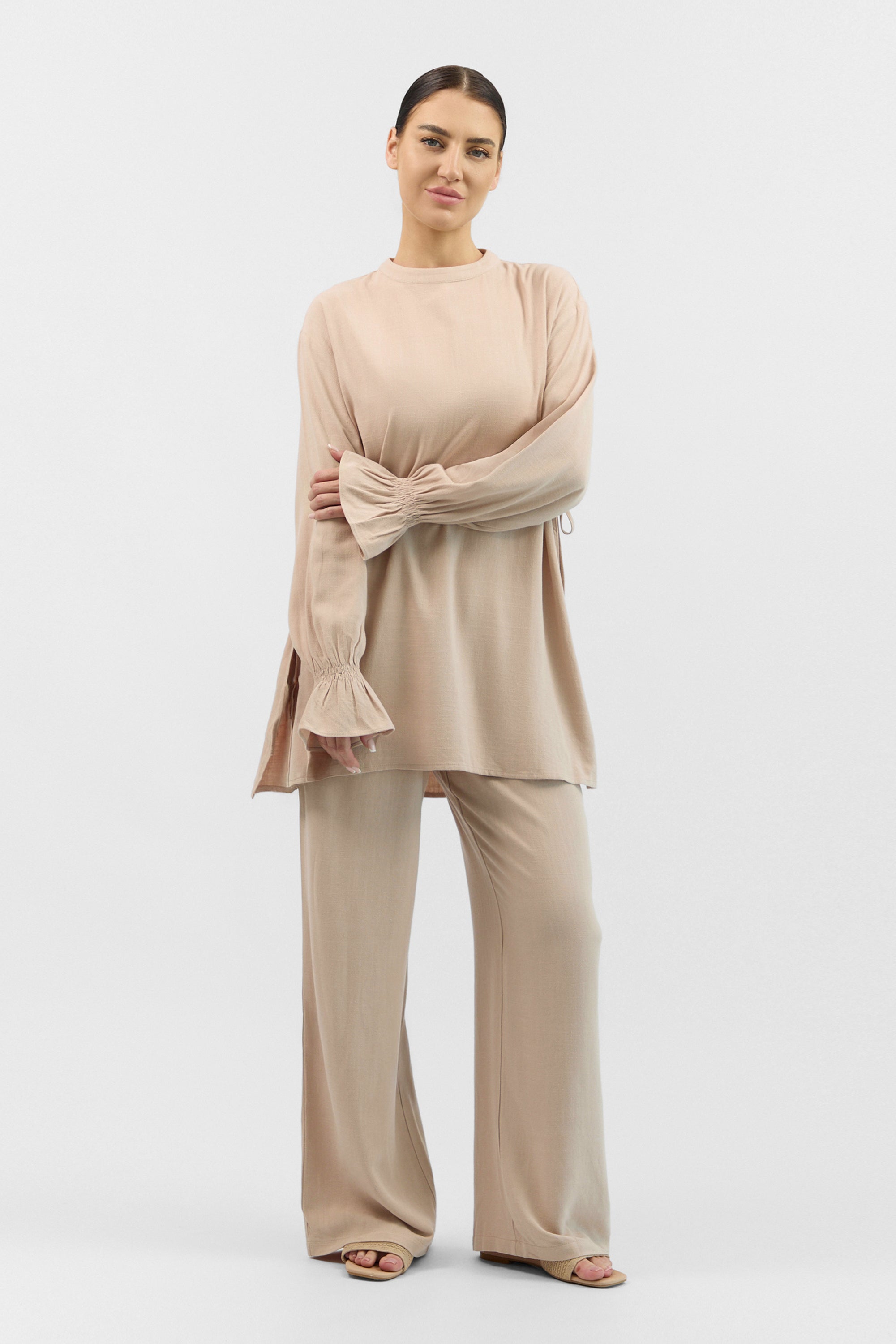 Bow Detail Linen Blend Top - Pearl