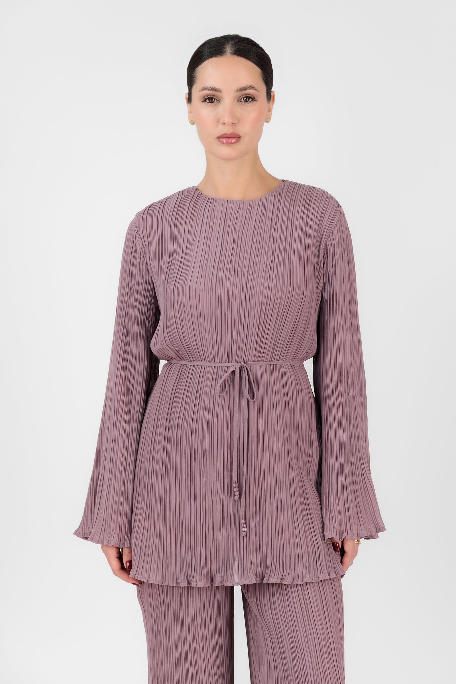 Plisse Tunic with Waist Tie - Vintage Plum