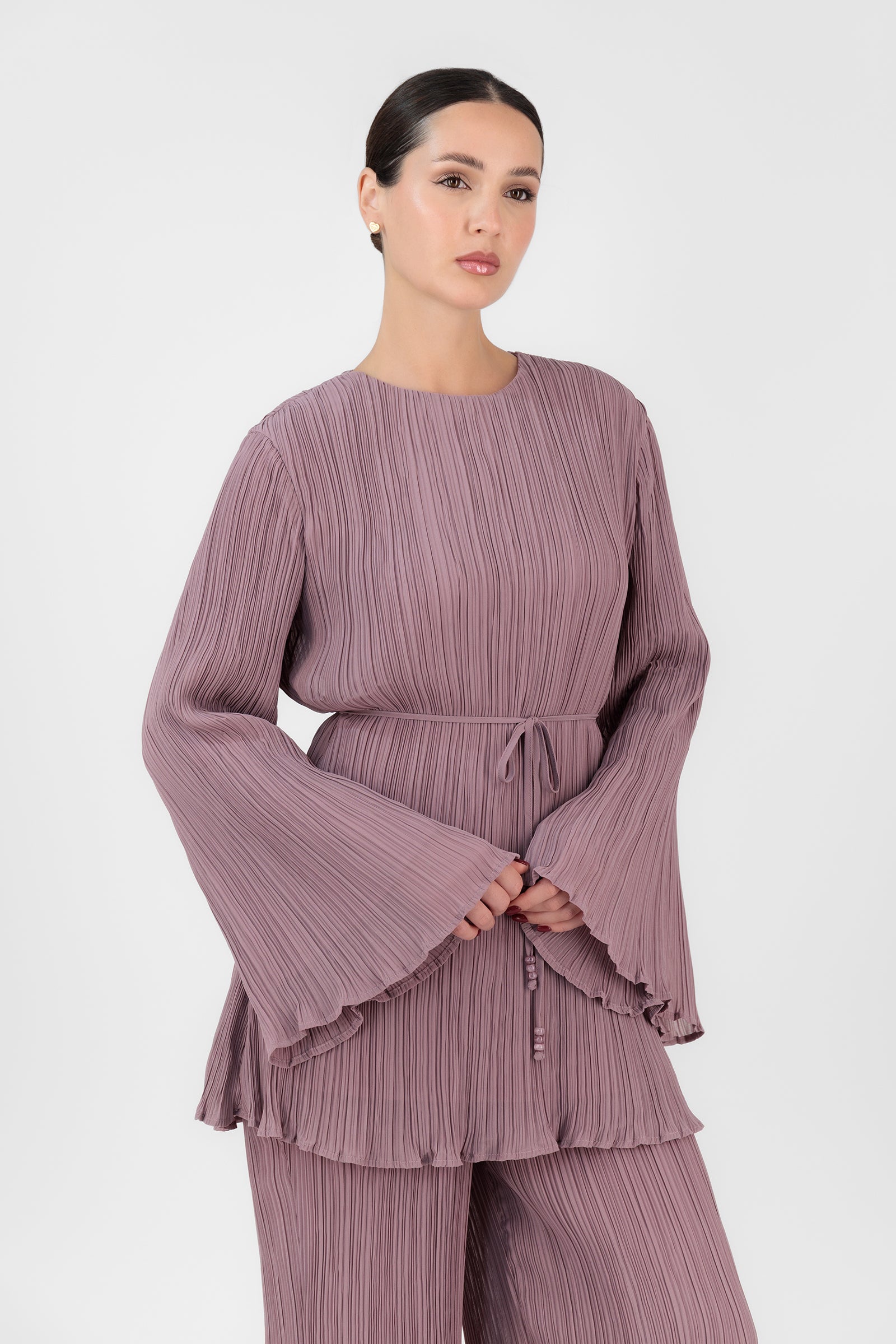 Plisse Tunic with Waist Tie - Vintage Plum