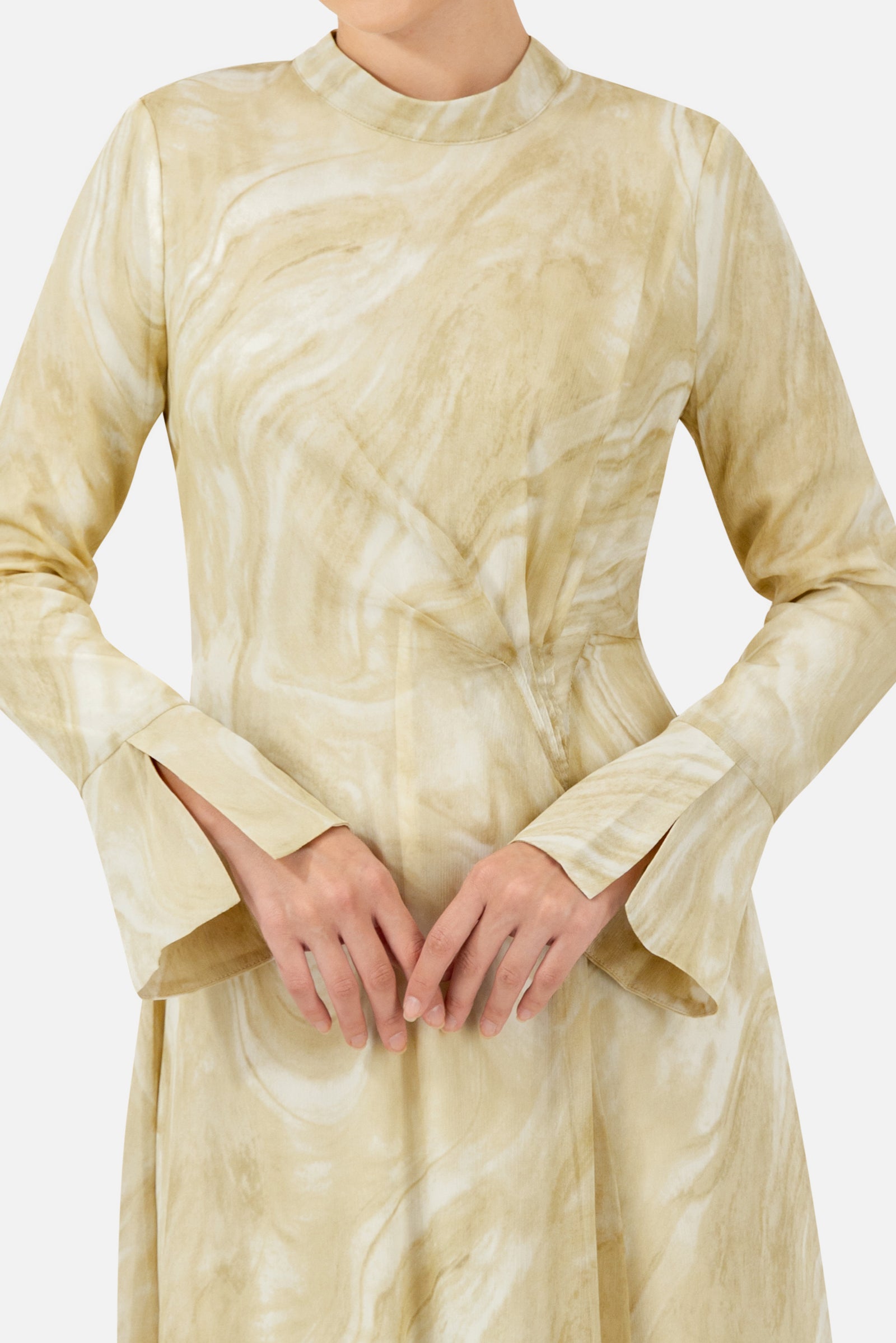 Close-up of the watercolour print and waist detail on the Printed Watercolour Dress.