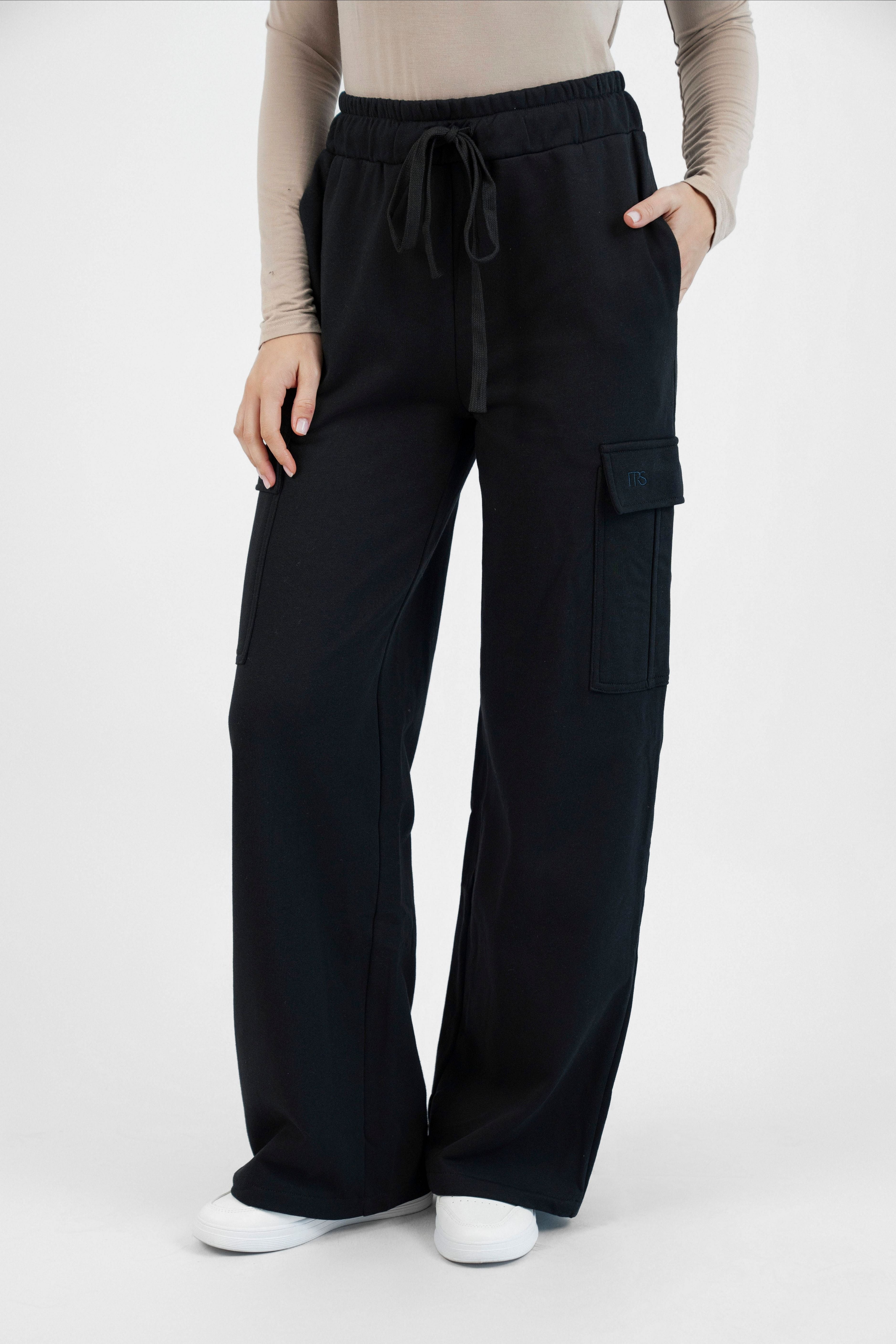 Wide Leg Utility Sweatpants - Black