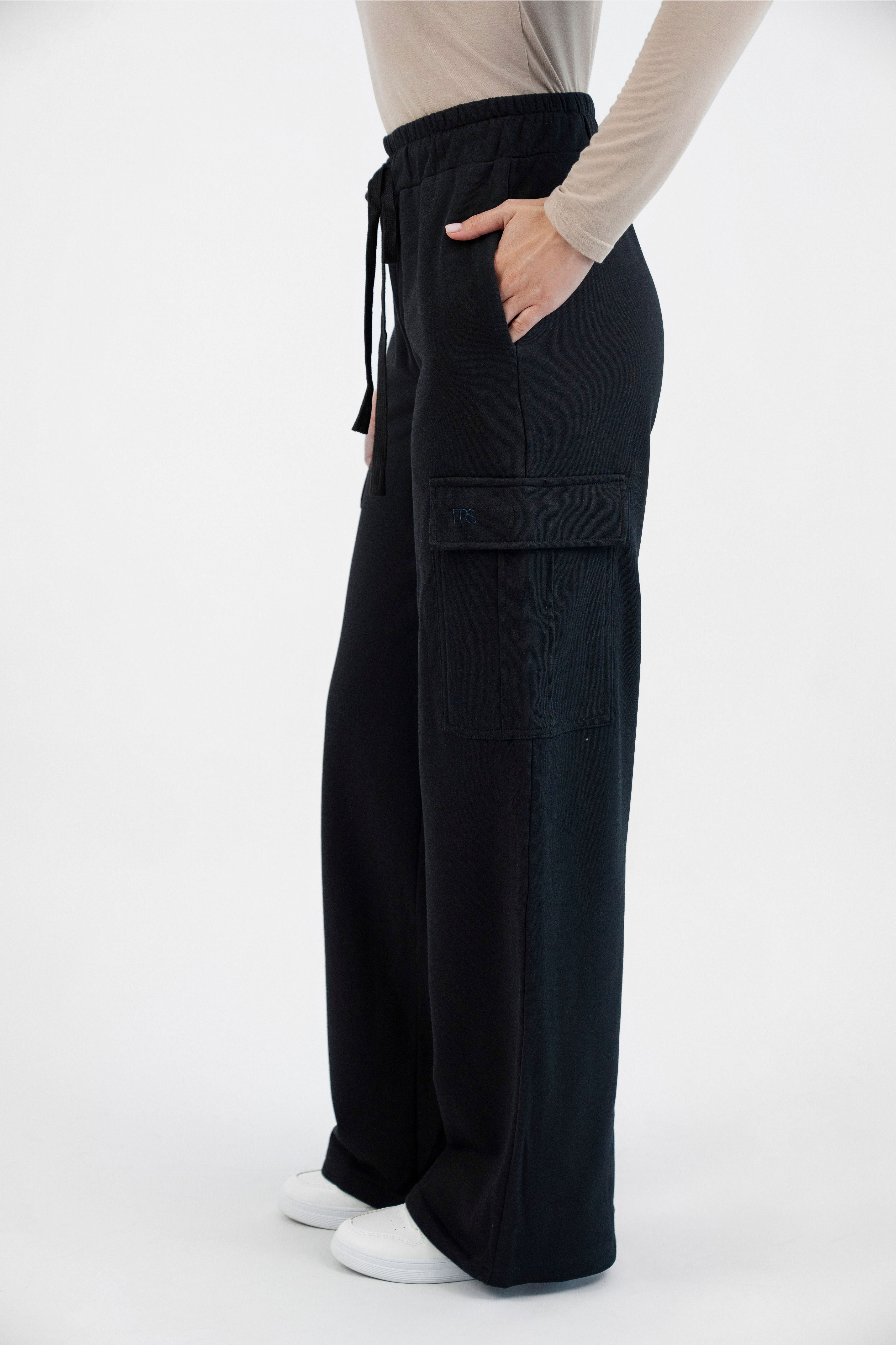 Wide Leg Utility Sweatpants - Black