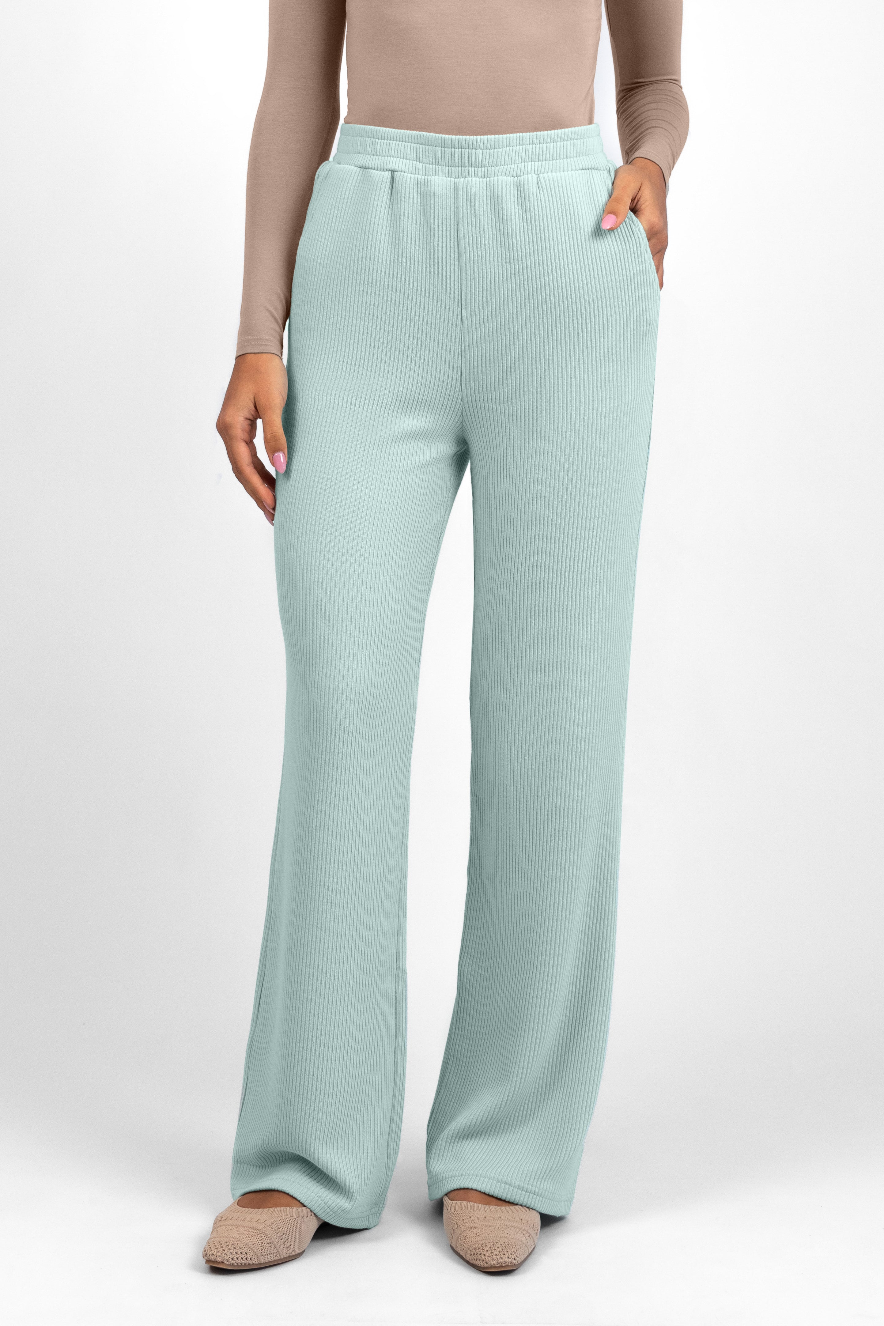 Knit Wide Leg Pants - Icy Blue