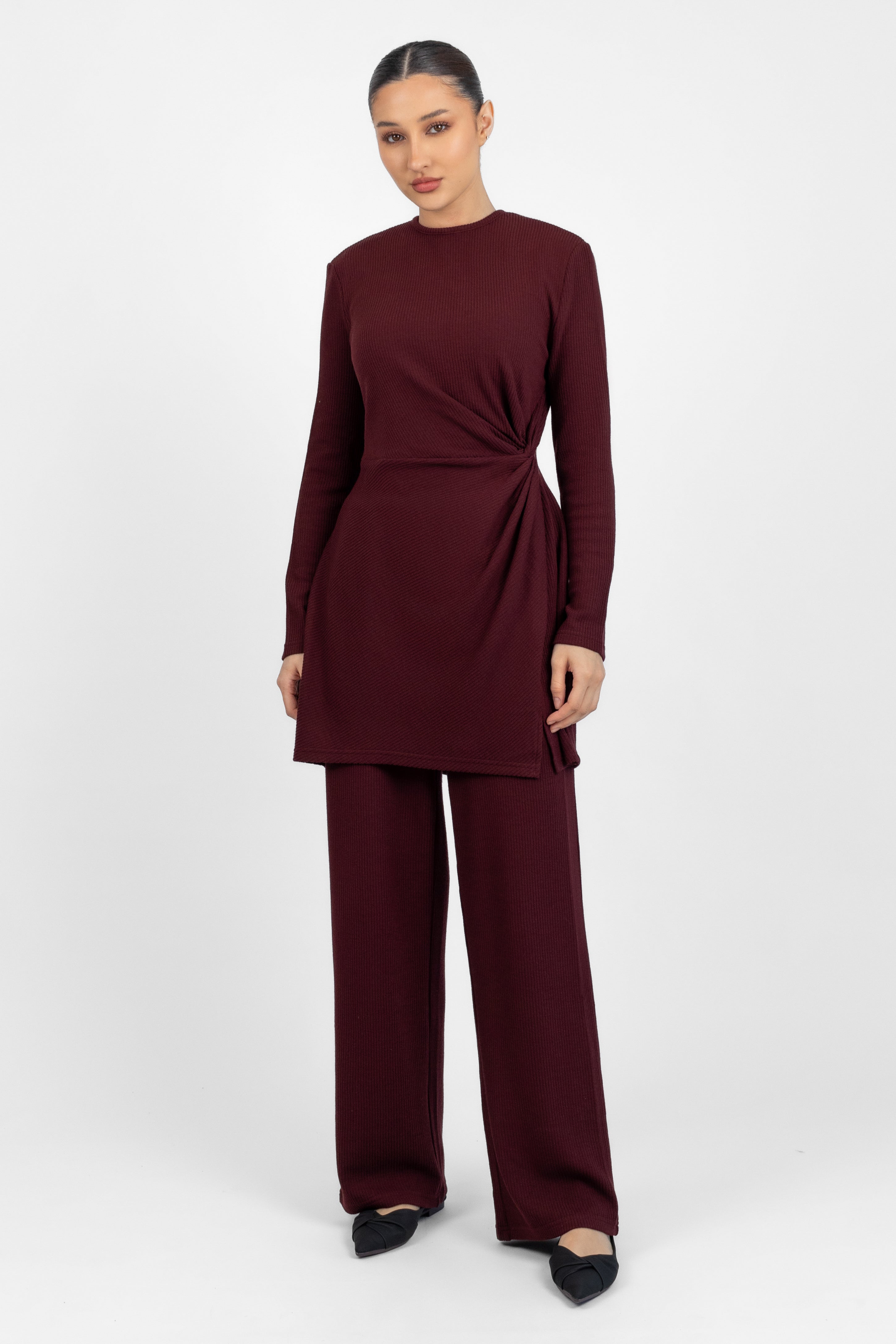 Knit Side Twist Top - Black Cherry