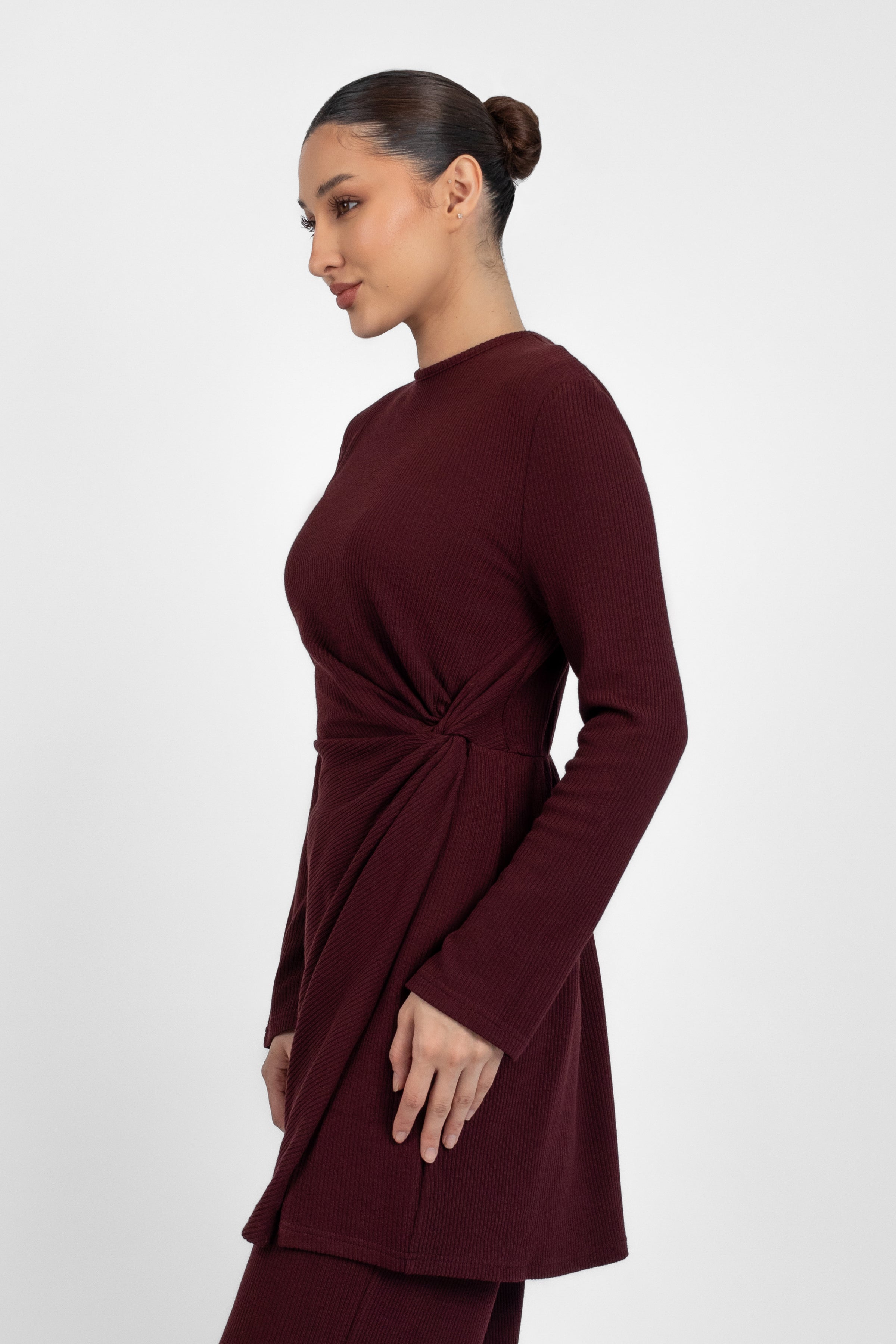 Knit Side Twist Top - Black Cherry