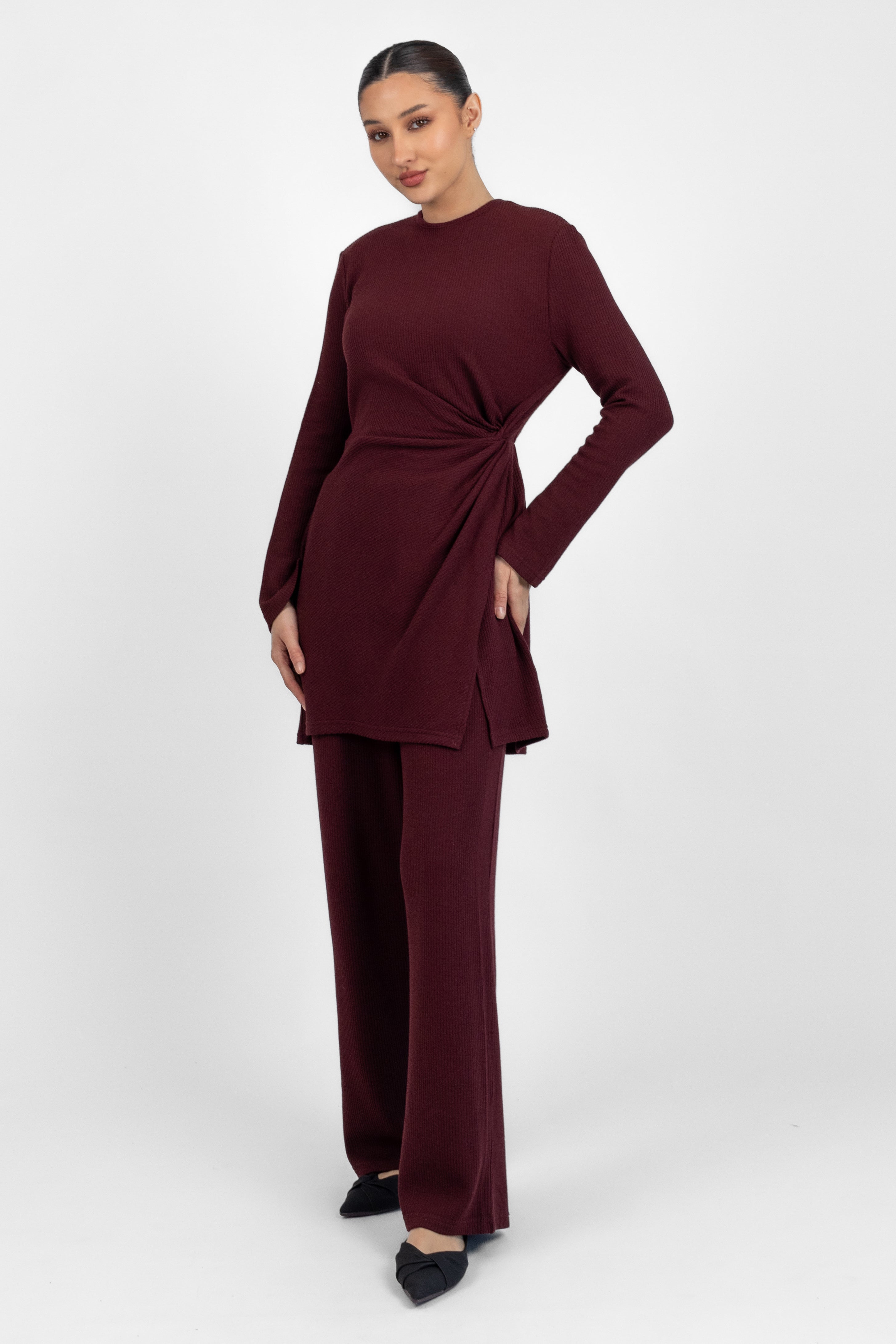 Knit Side Twist Top - Black Cherry